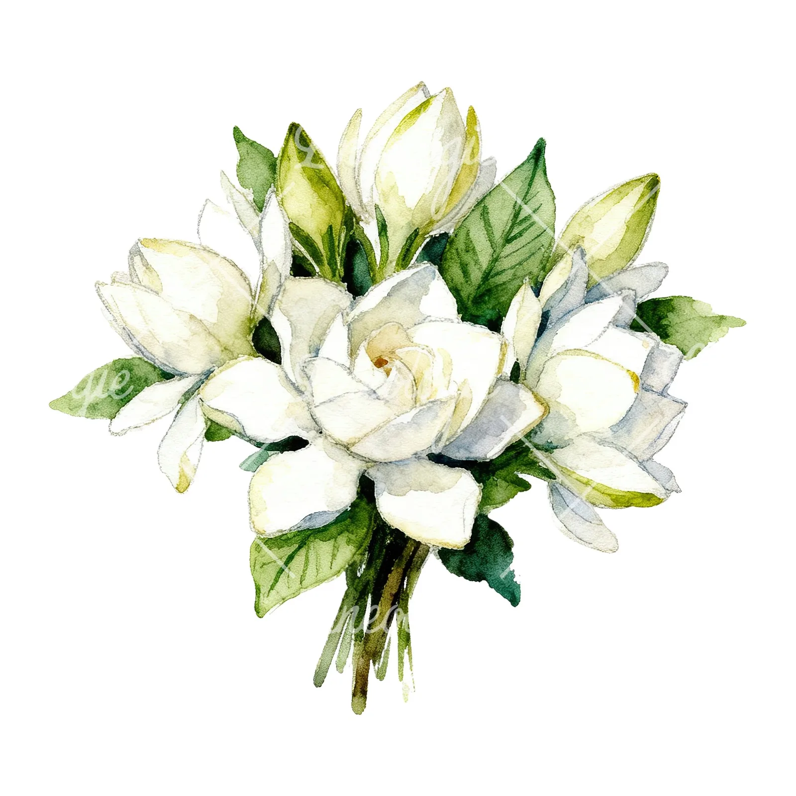 Watercolor white gardenia bouquet clipart 6 of 6 on a white background (JPG)