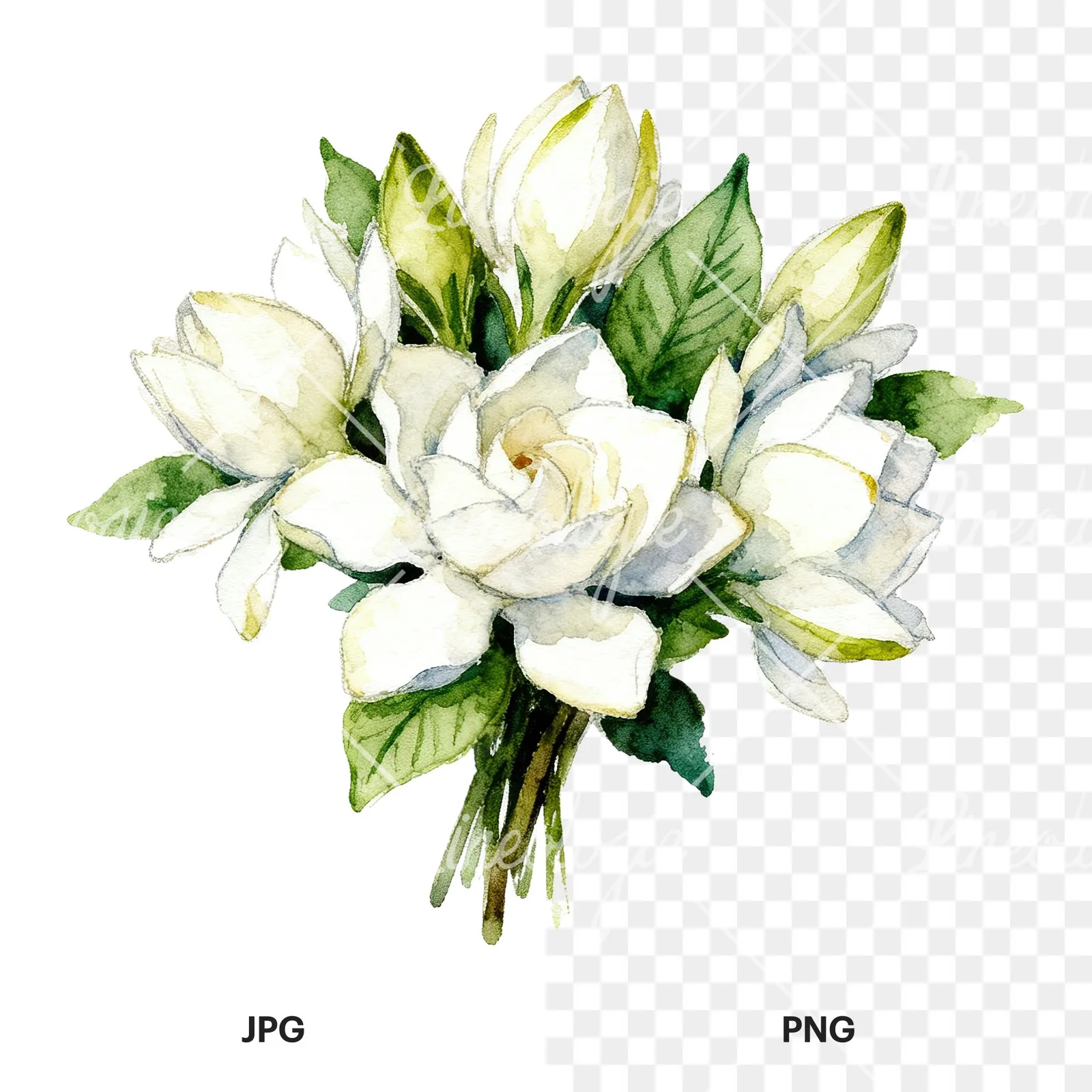 Watercolor white gardenia bouquet clipart 6 of 6, as a JPG on white and a transparent PNG