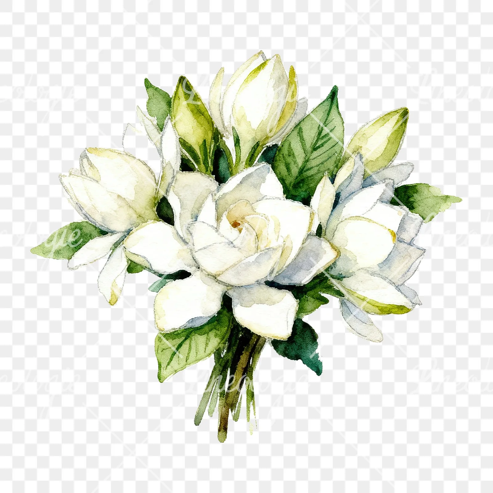 Watercolor white gardenia bouquet clipart 6 of 6 on a transparent background (PNG)