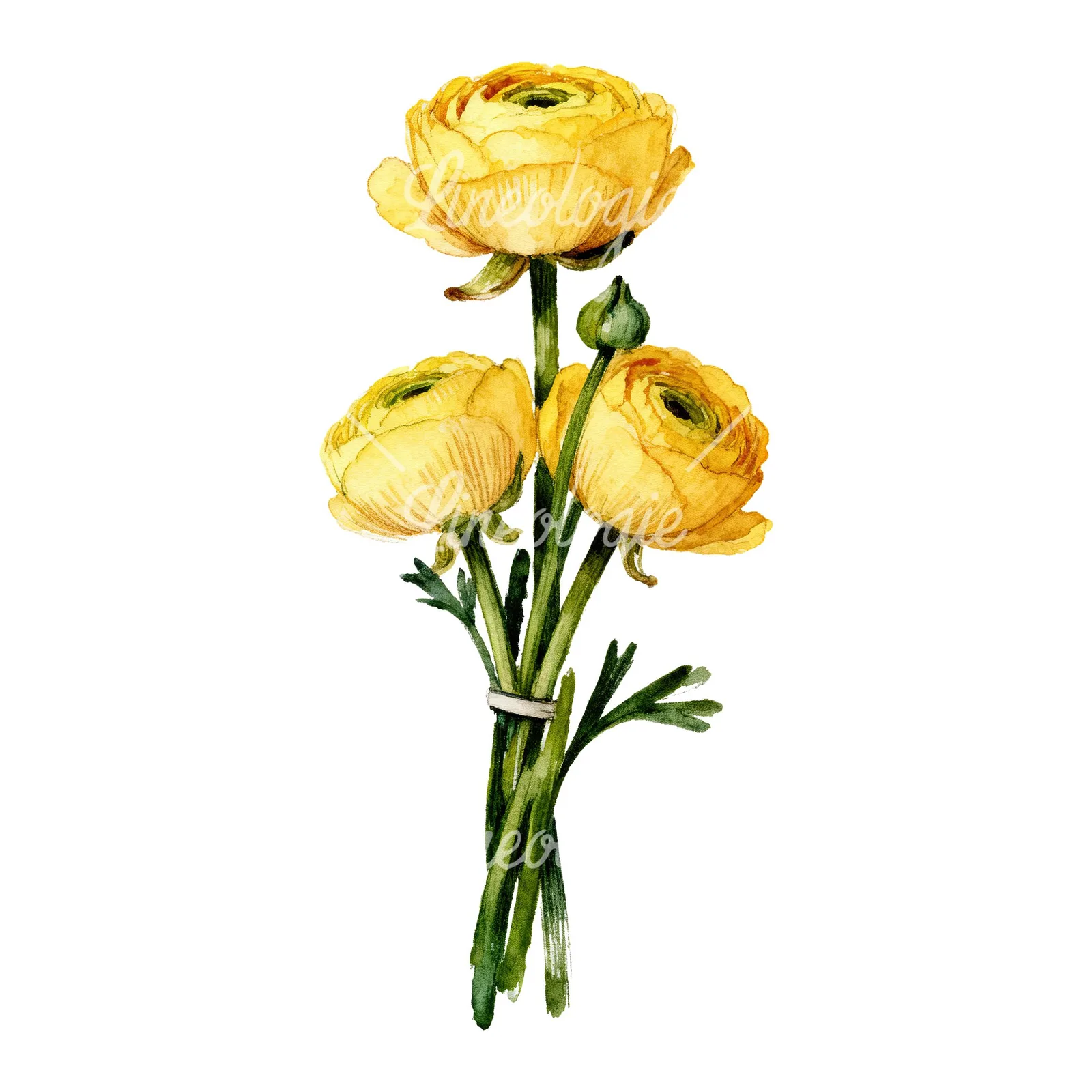 Watercolor yellow ranunculus bouquet with buds clipart 4 of 6 on a white background (JPG)