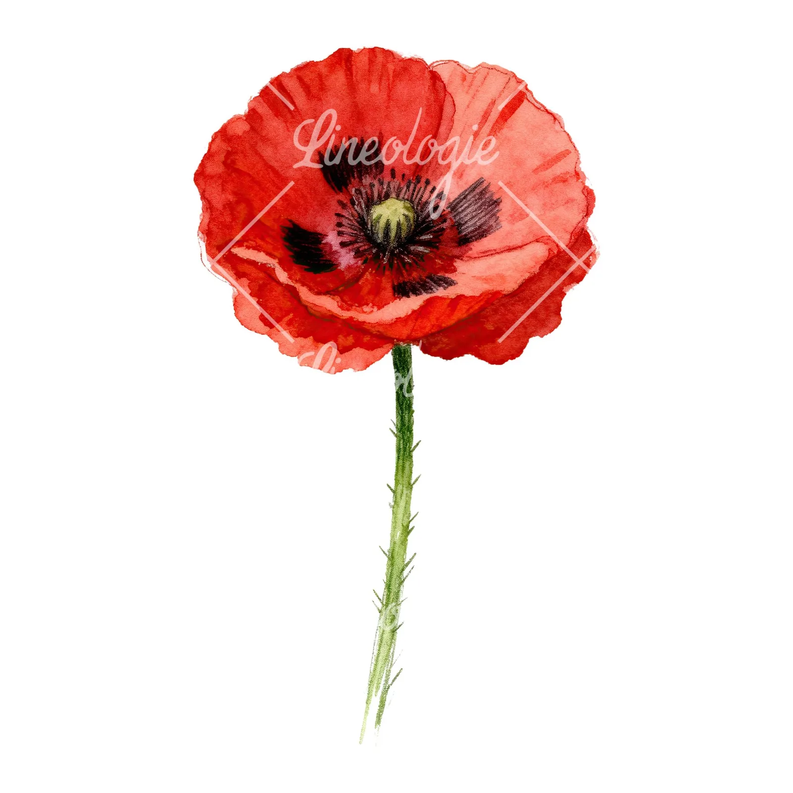 Watercolor red poppy flower with long stems clipart 5 of 7 on a white background (JPG)