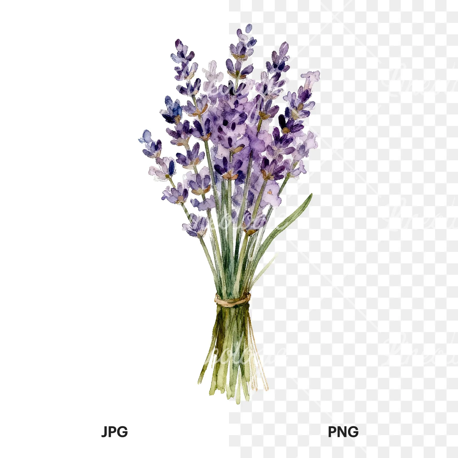 Watercolor lavender bouquet clipart 1 of 7, as a JPG on white and a transparent PNG