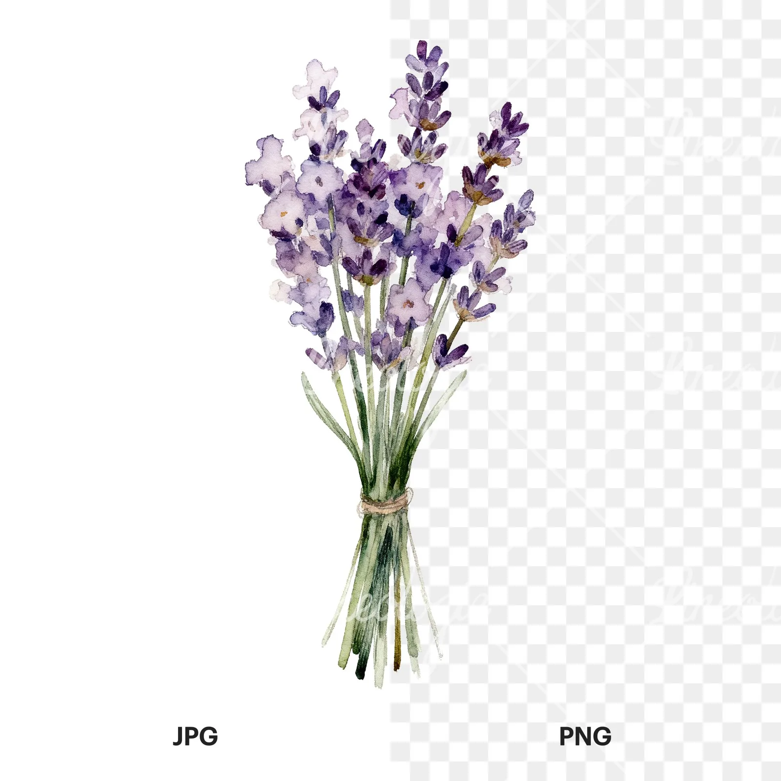 Watercolor lavender bouquet clipart 3 of 7, as a JPG on white and a transparent PNG