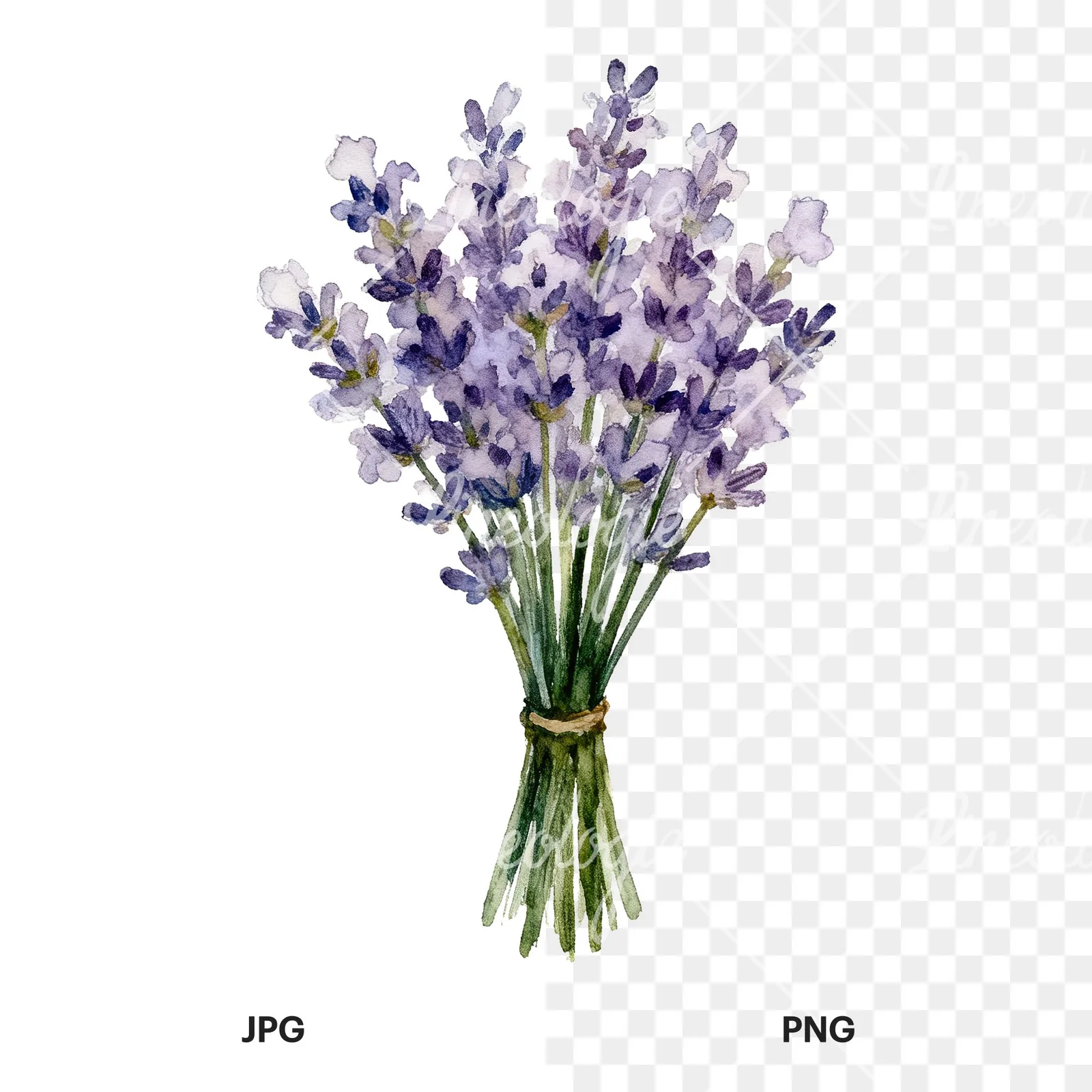 Watercolor lavender bouquet clipart 4 of 7, as a JPG on white and a transparent PNG
