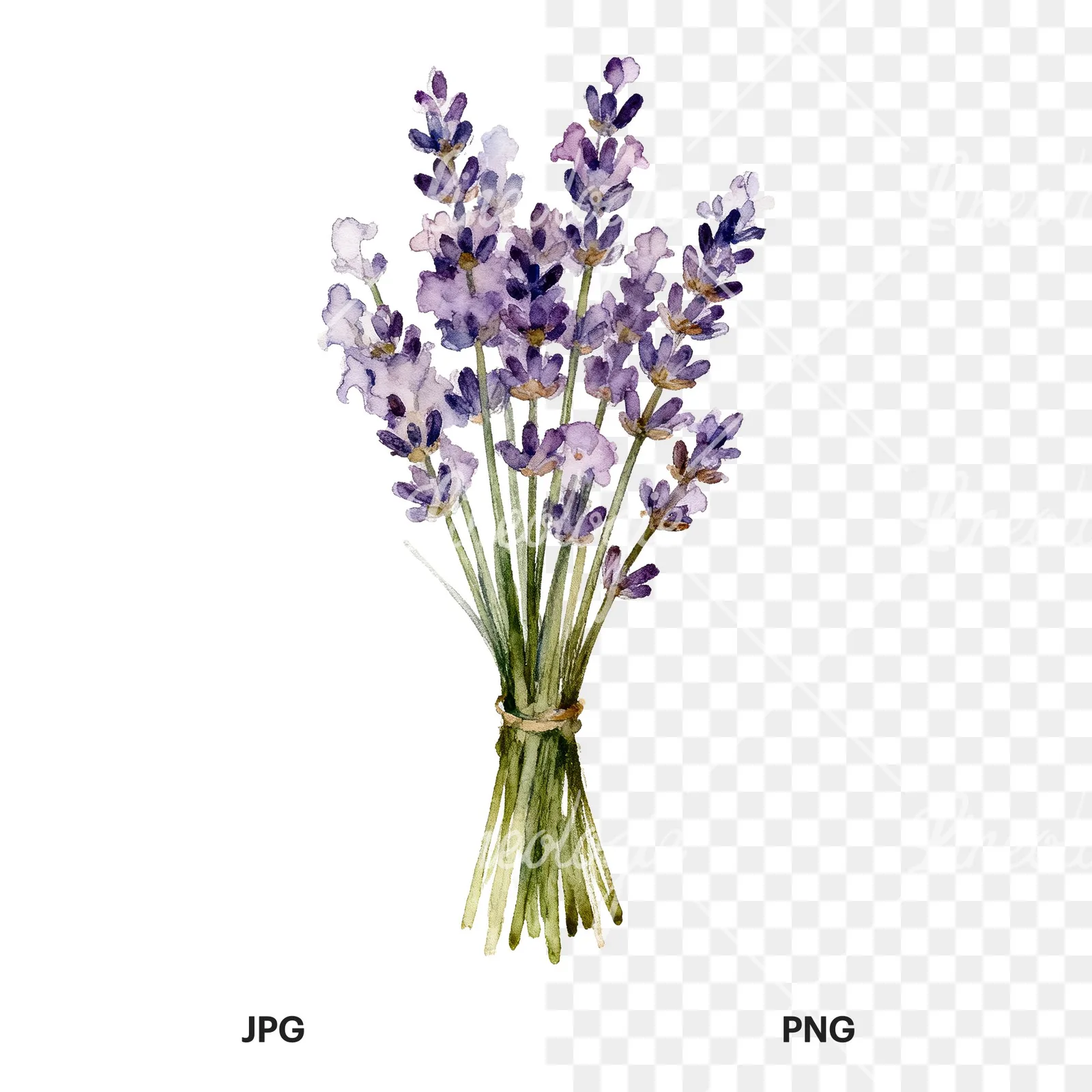 Watercolor lavender bouquet clipart 5 of 7, as a JPG on white and a transparent PNG
