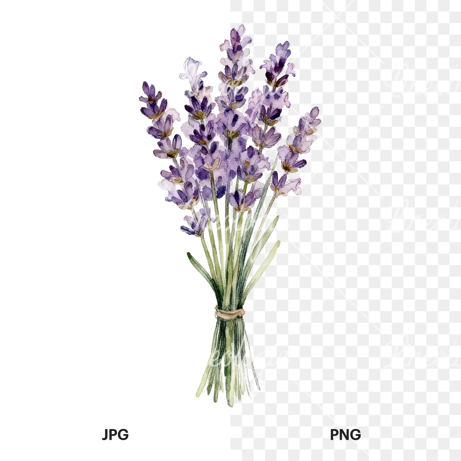 Watercolor lavender bouquet clipart 7 of 7, as a JPG on white and a transparent PNG