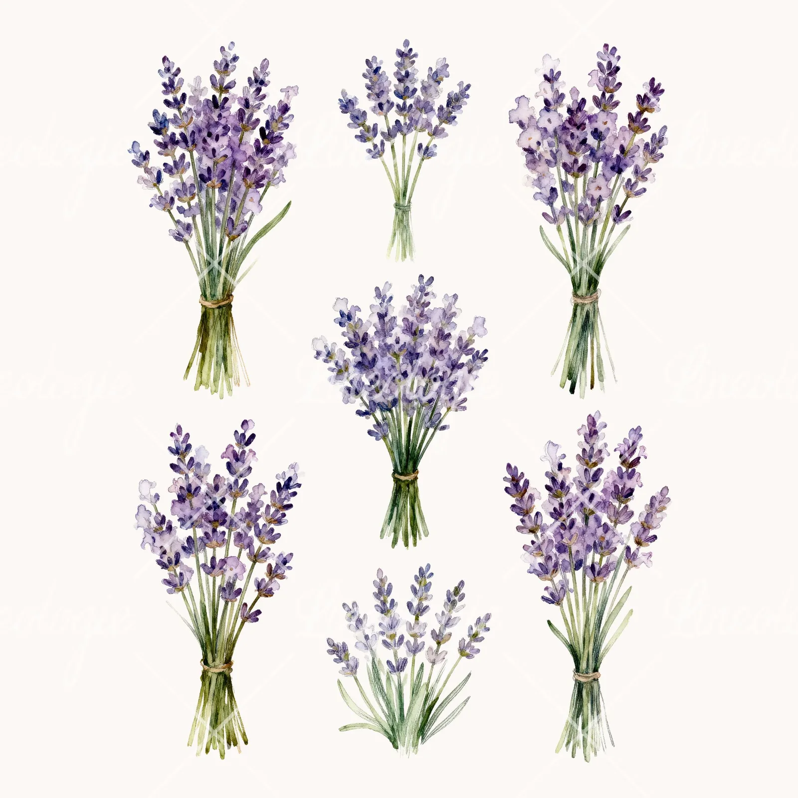 Watercolor Lavender Bouquet Clipart, all 7 illustrations in the pack