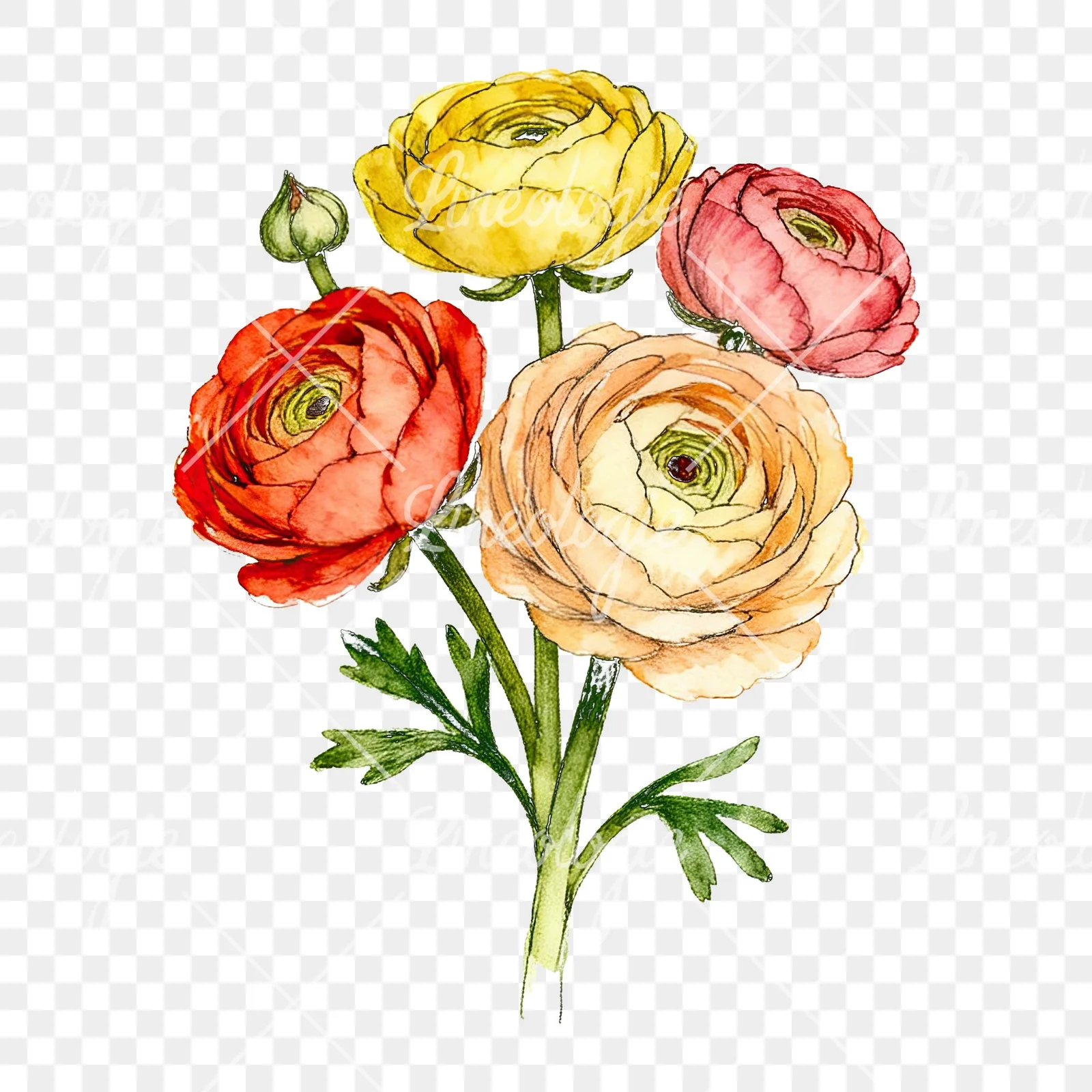 Watercolor ranunculus bouquet with buds clipart 1 of 8 on a transparent background (PNG)