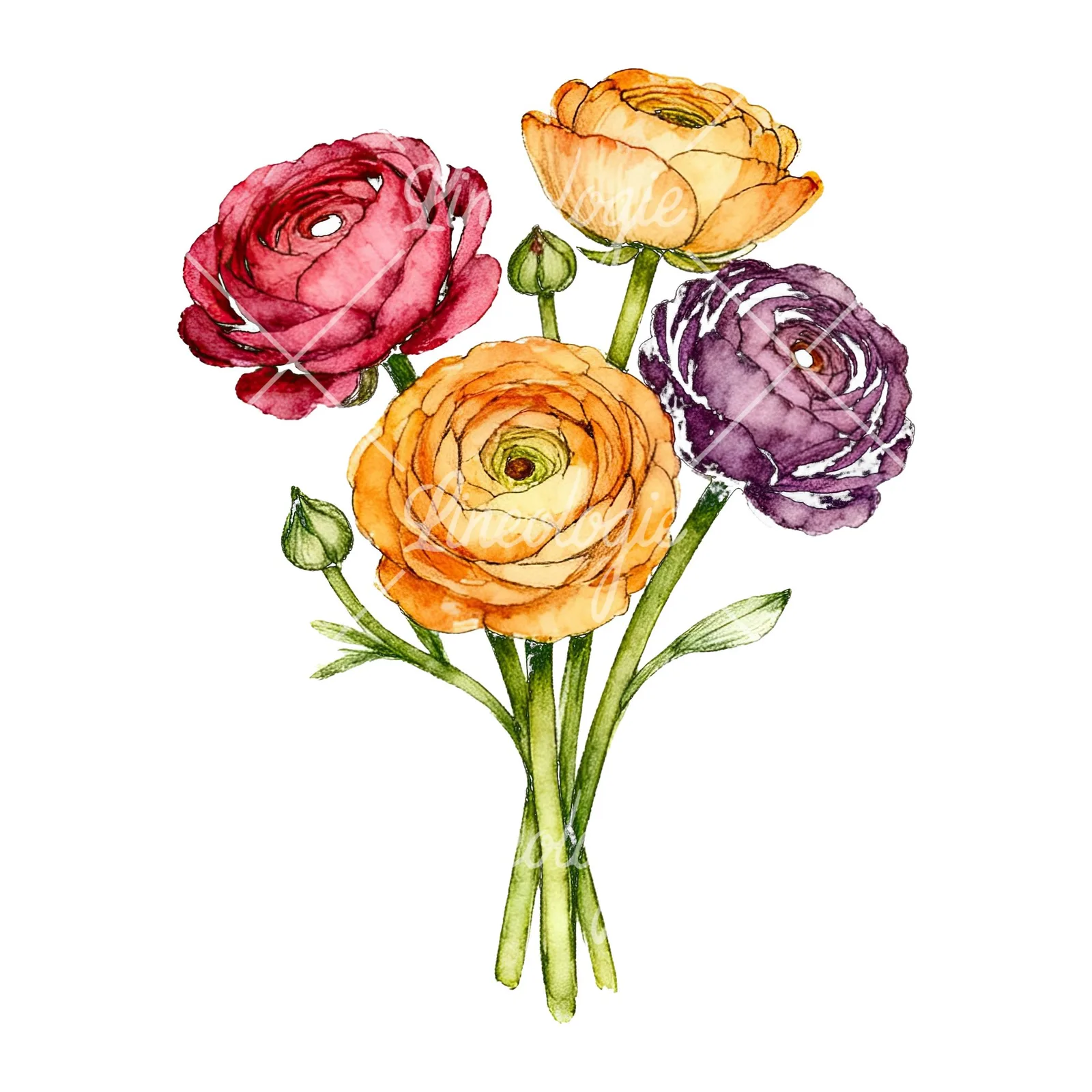 Watercolor ranunculus bouquet with buds clipart 2 of 8 on a white background (JPG)
