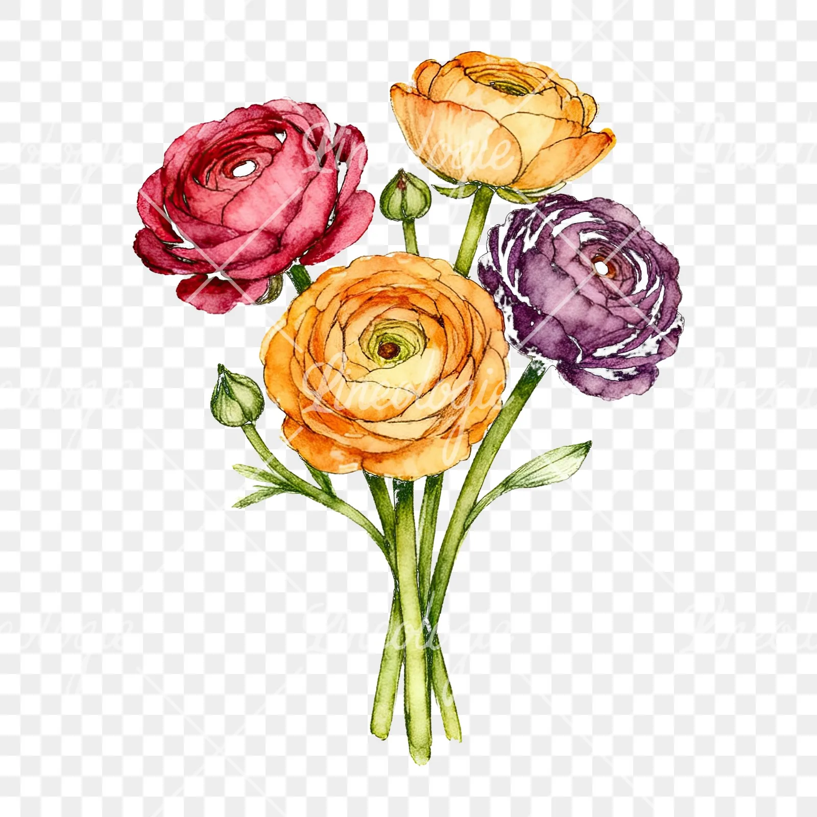Watercolor ranunculus bouquet with buds clipart 2 of 8 on a transparent background (PNG)
