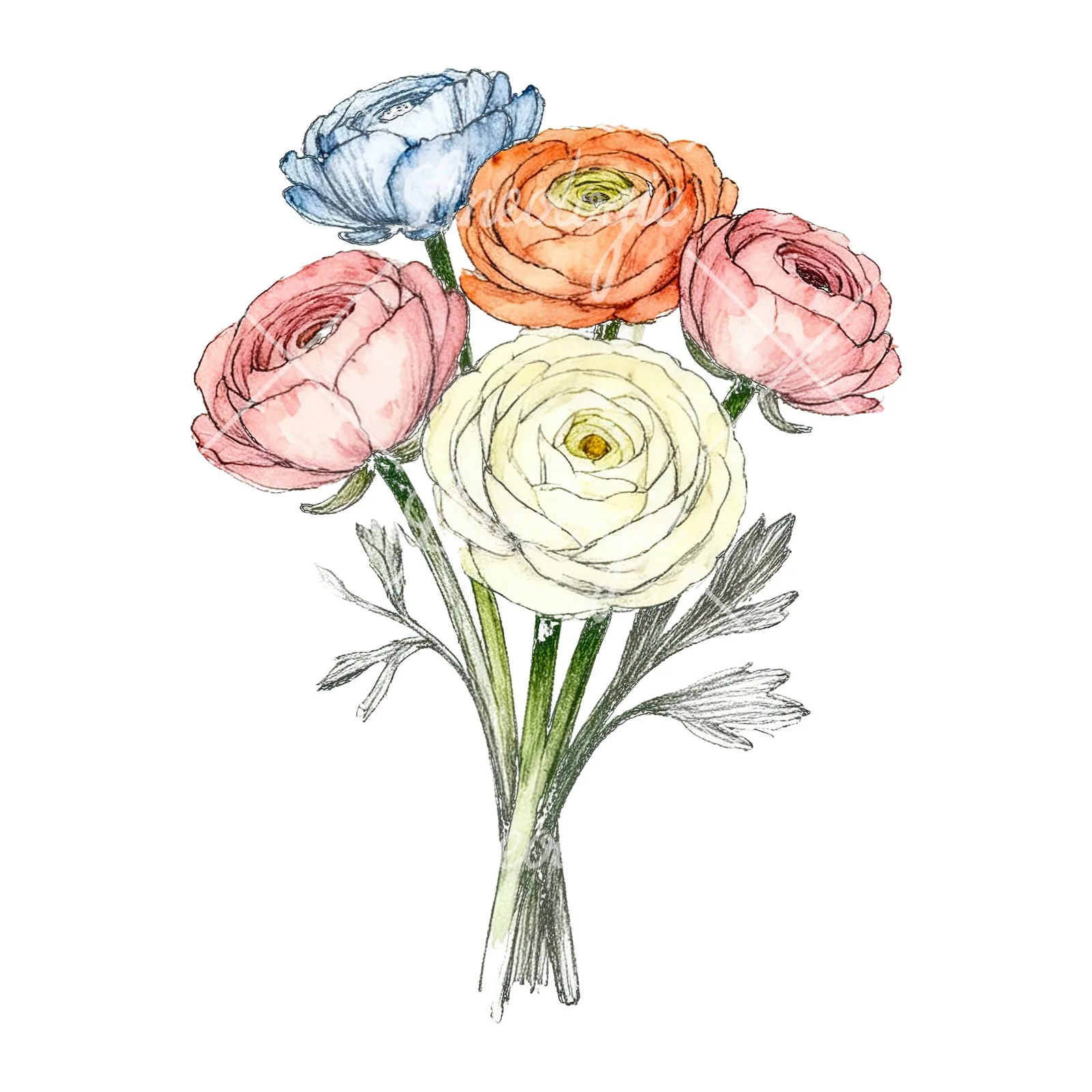 Watercolor ranunculus bouquet with buds clipart 3 of 8 on a white background (JPG)