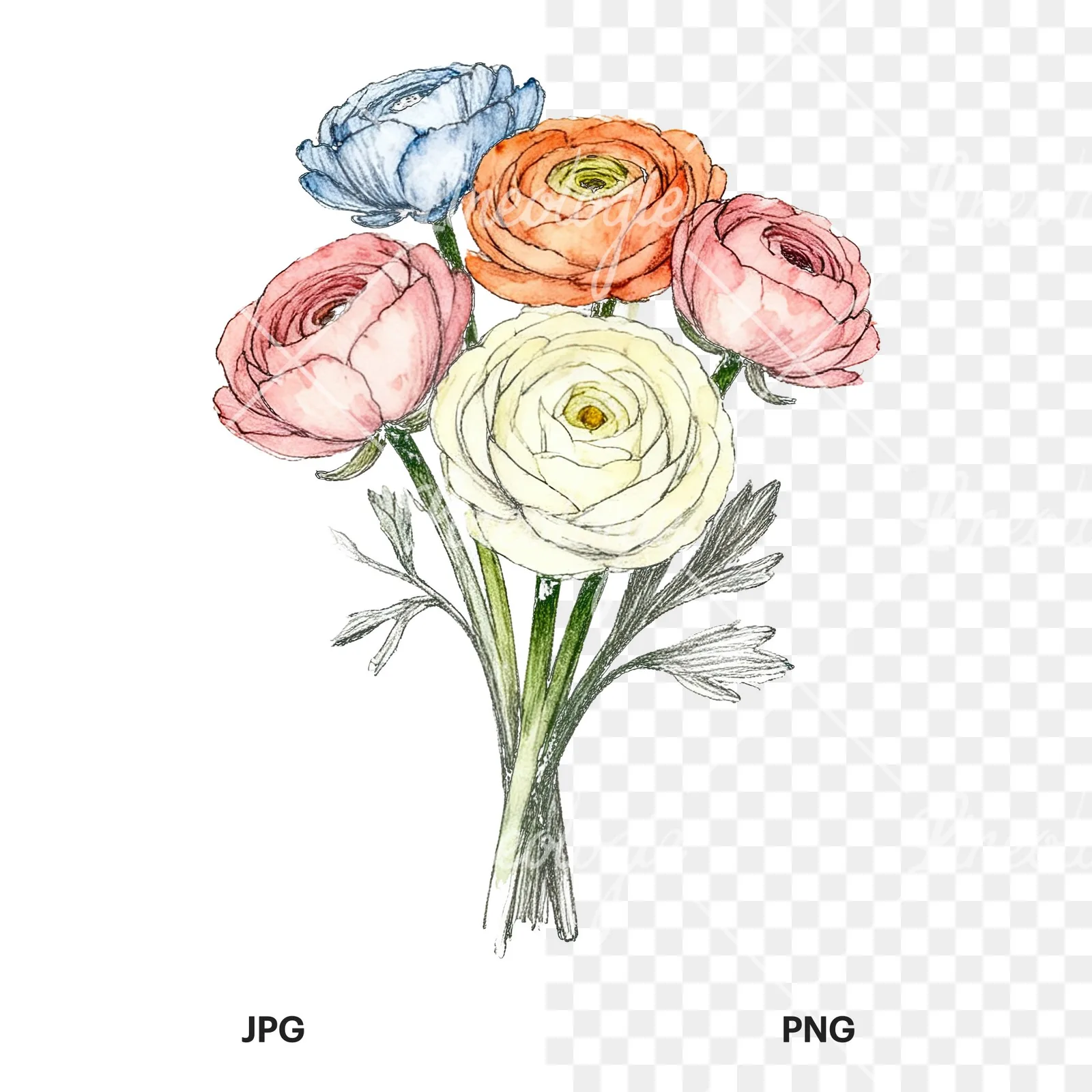 Watercolor ranunculus bouquet with buds clipart 3 of 8, as a JPG on white and a transparent PNG