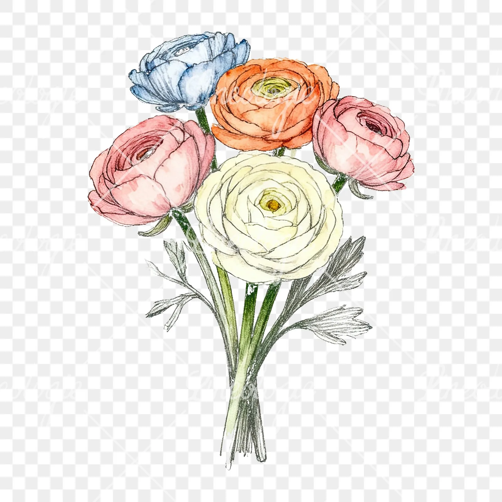 Watercolor ranunculus bouquet with buds clipart 3 of 8 on a transparent background (PNG)
