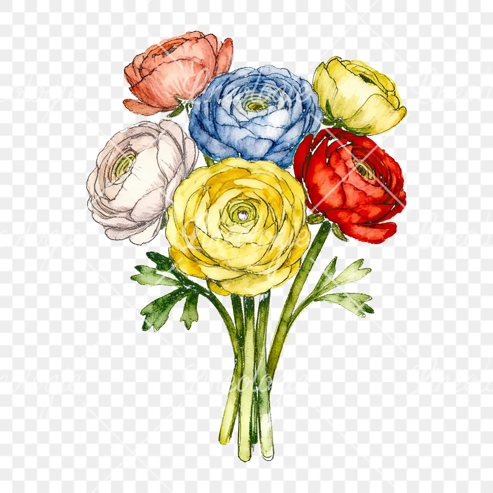 Watercolor ranunculus bouquet with buds clipart 4 of 8 on a transparent background (PNG)