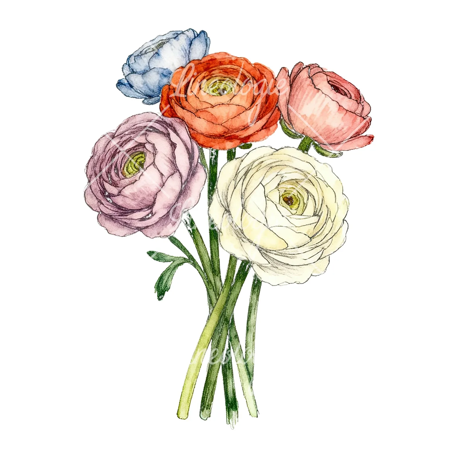 Watercolor ranunculus bouquet with buds clipart 5 of 8 on a white background (JPG)