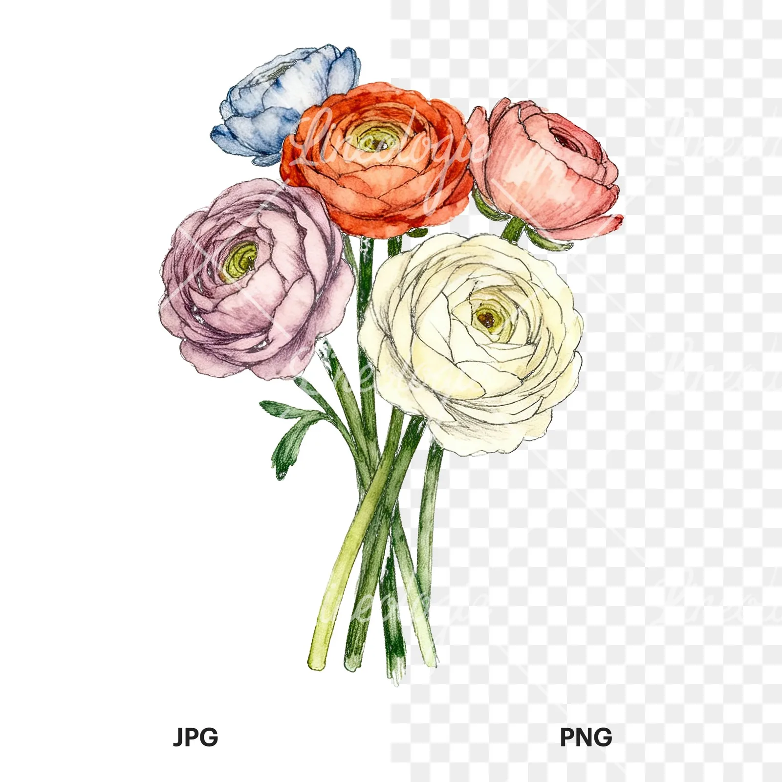 Watercolor ranunculus bouquet with buds clipart 5 of 8, as a JPG on white and a transparent PNG