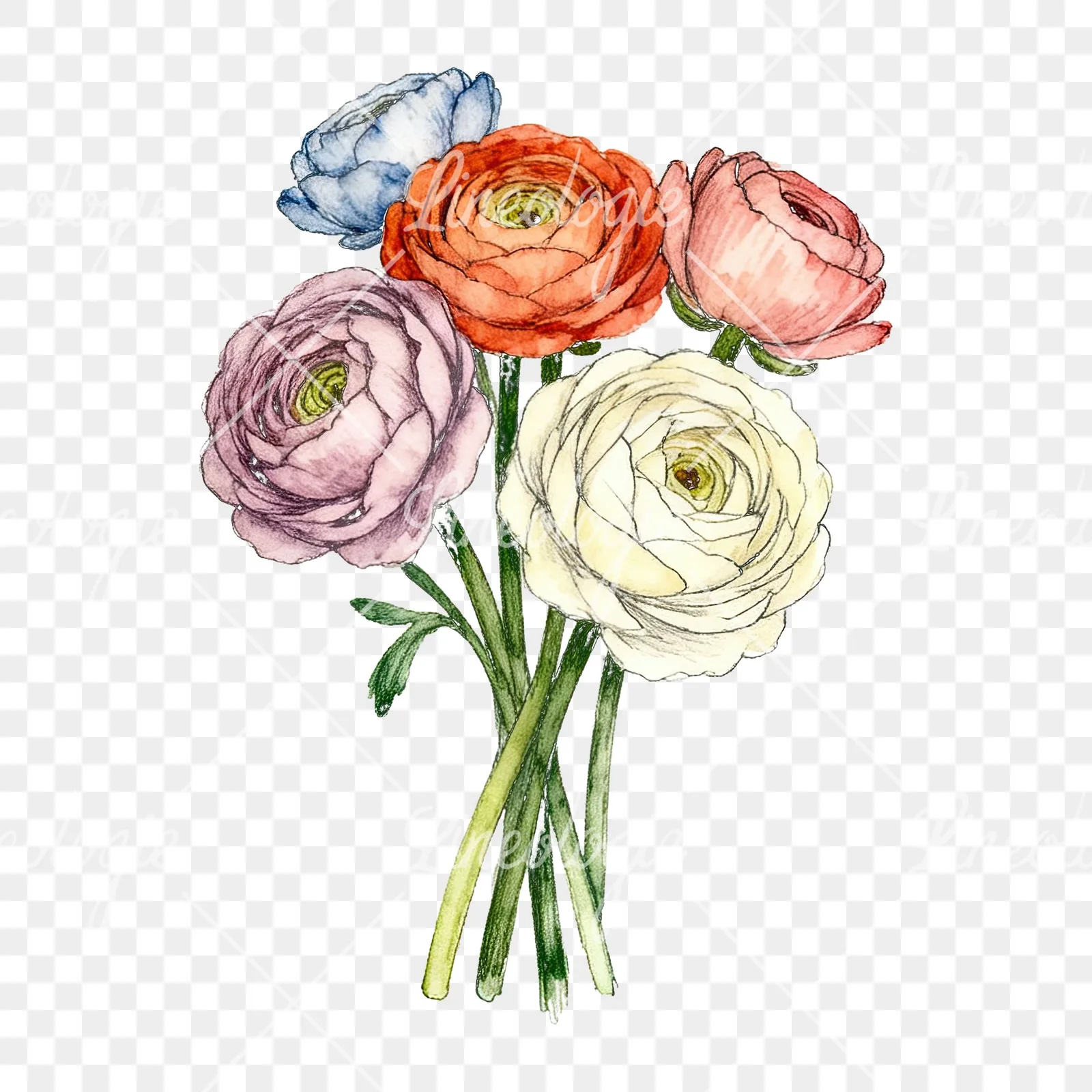 Watercolor ranunculus bouquet with buds clipart 5 of 8 on a transparent background (PNG)