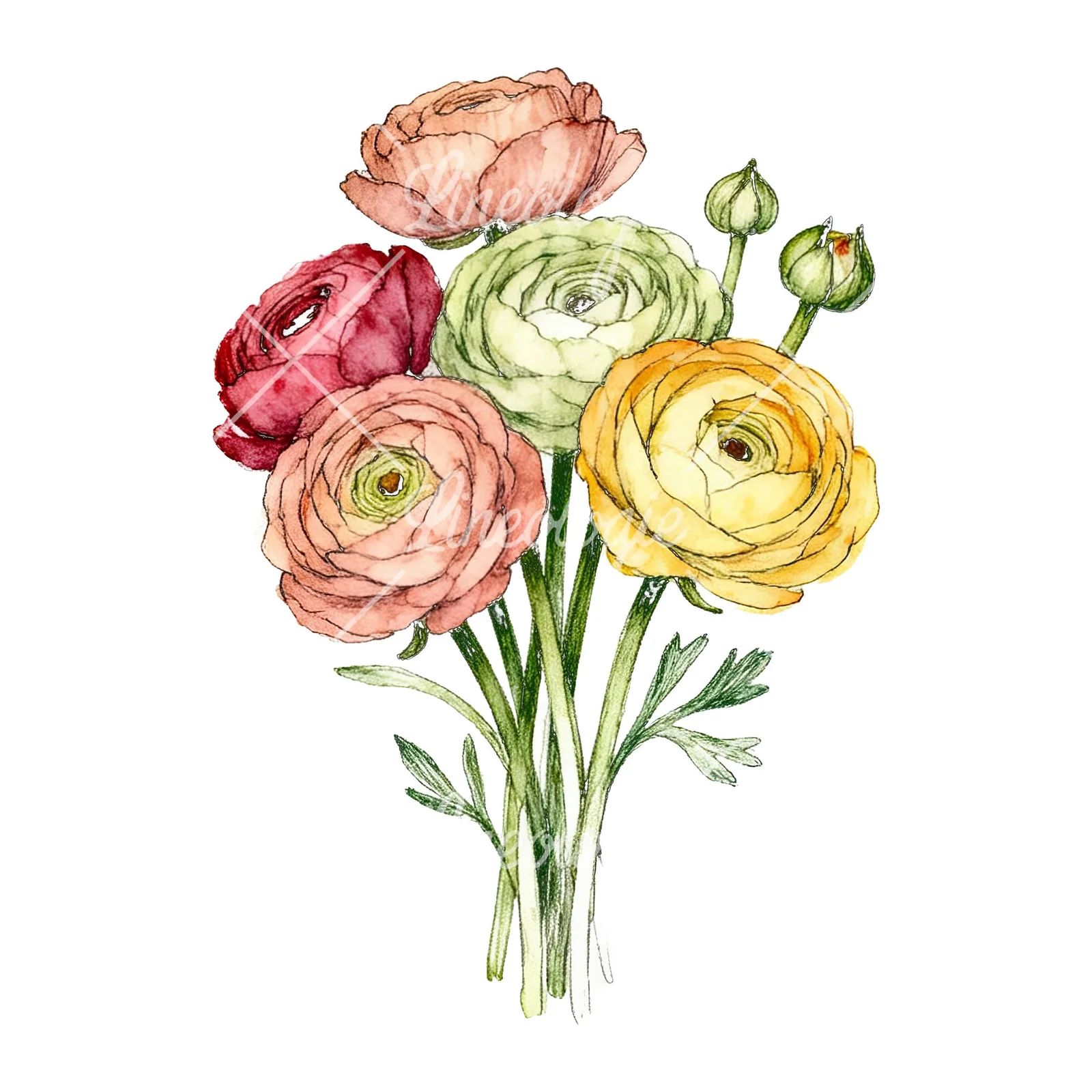 Watercolor ranunculus bouquet with buds clipart 6 of 8 on a white background (JPG)
