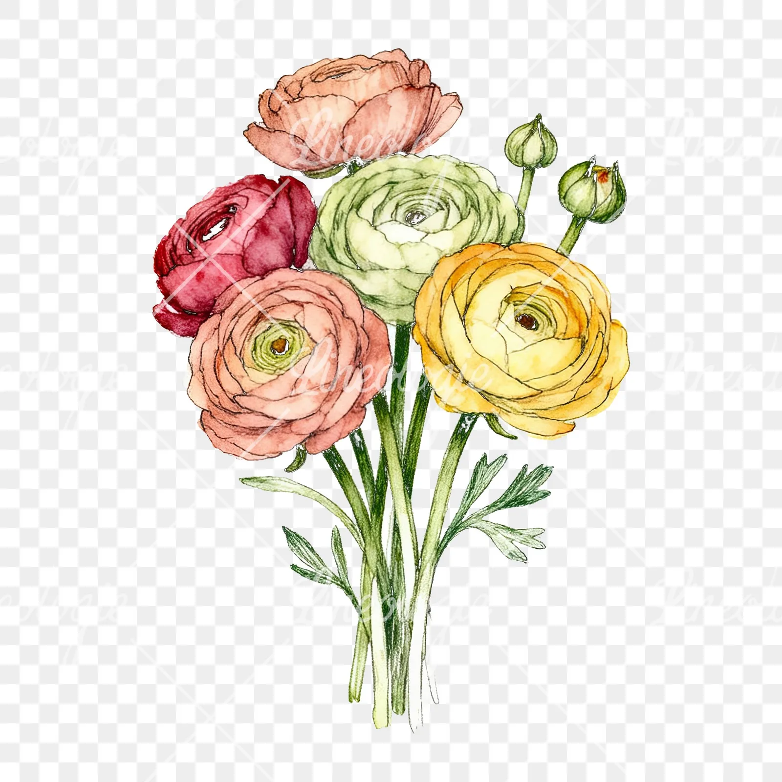 Watercolor ranunculus bouquet with buds clipart 6 of 8 on a transparent background (PNG)