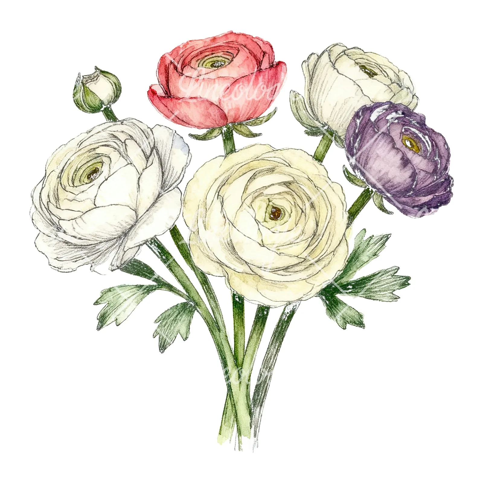 Watercolor ranunculus bouquet with buds clipart 7 of 8 on a white background (JPG)