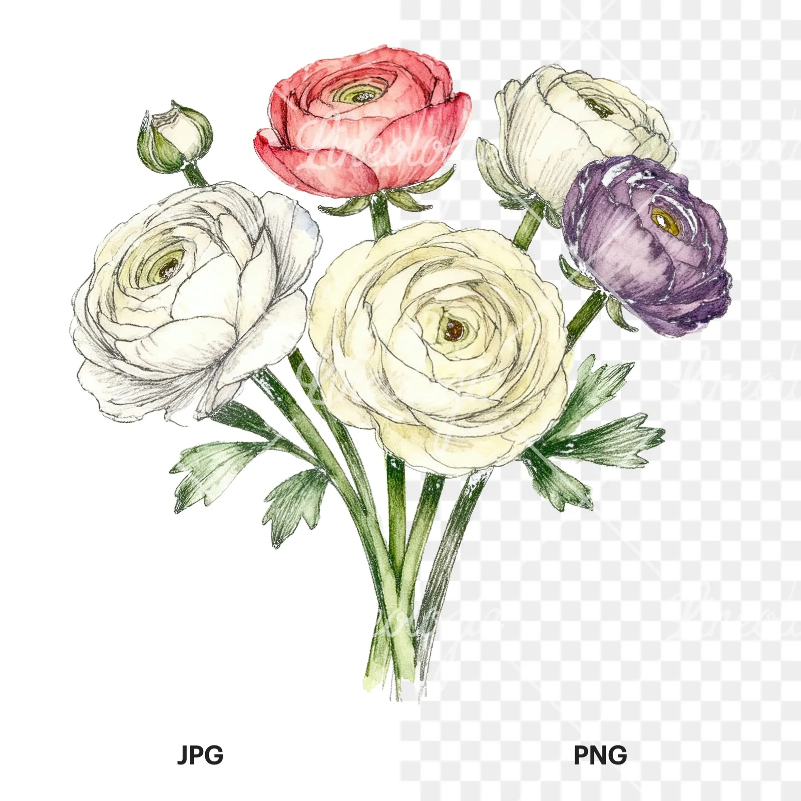 Watercolor ranunculus bouquet with buds clipart 7 of 8, as a JPG on white and a transparent PNG
