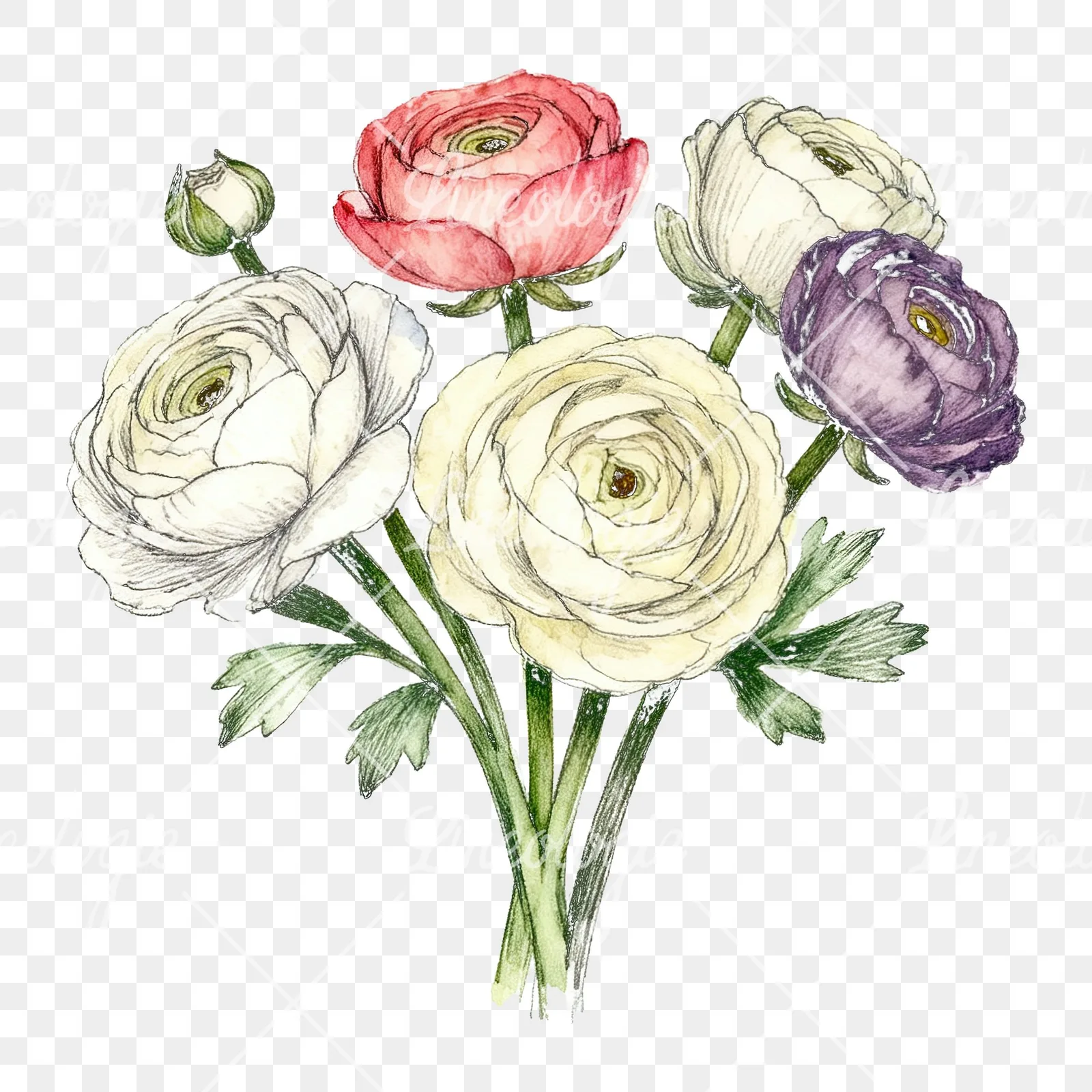 Watercolor ranunculus bouquet with buds clipart 7 of 8 on a transparent background (PNG)