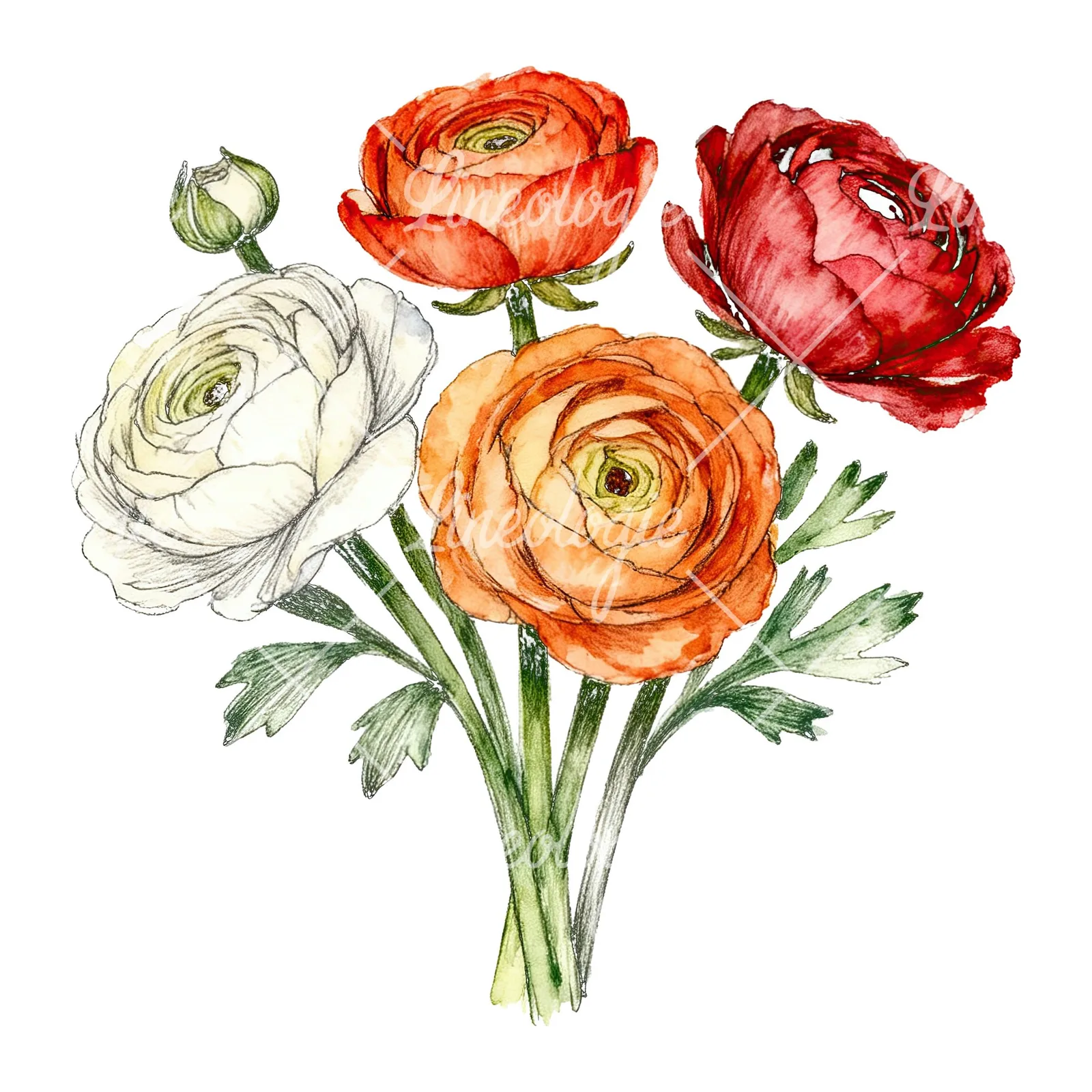 Watercolor ranunculus bouquet with buds clipart 8 of 8 on a white background (JPG)