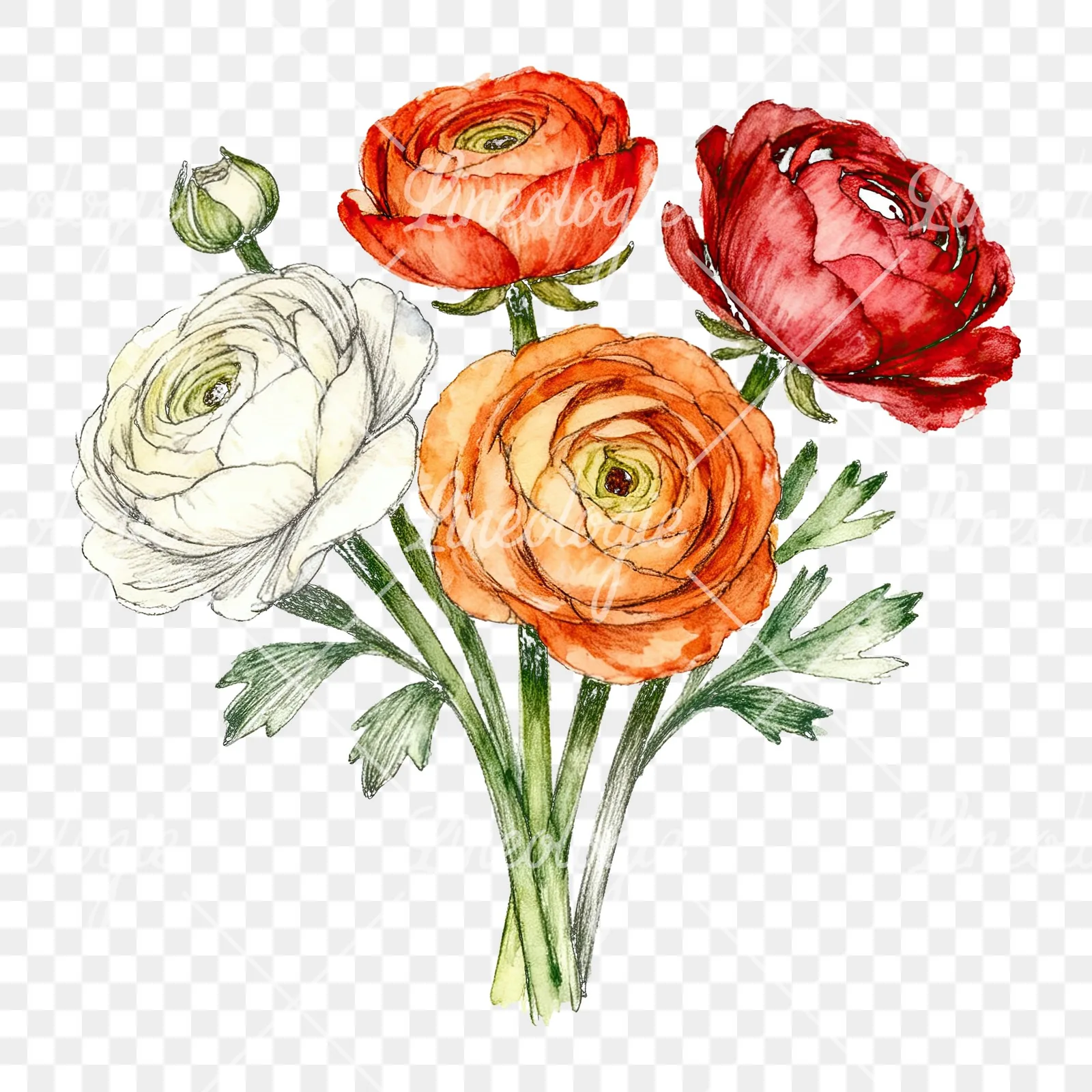 Watercolor ranunculus bouquet with buds clipart 8 of 8 on a transparent background (PNG)