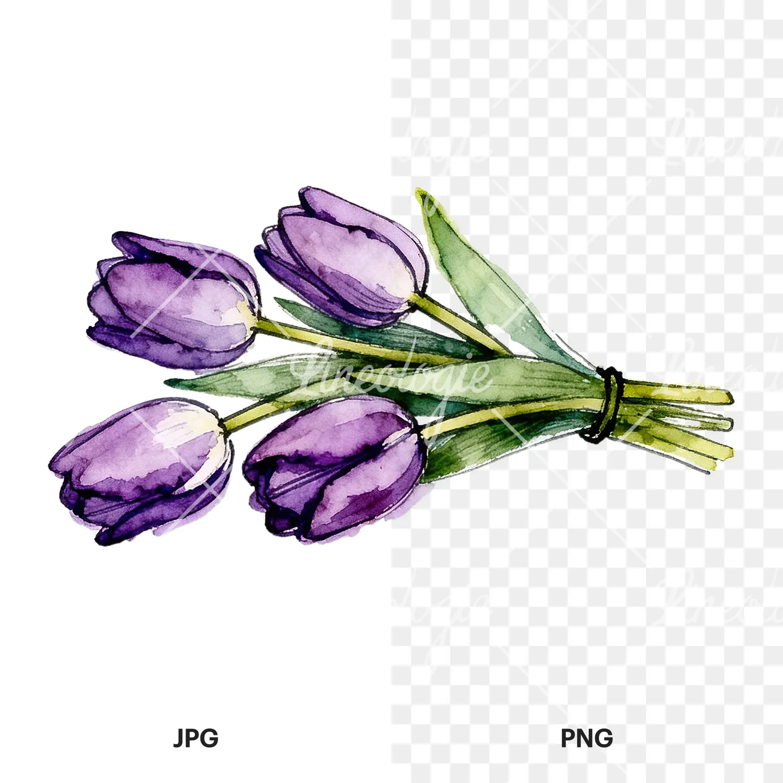 Watercolor loose purple tulip bouquet clipart 1 of 8, as a JPG on white and a transparent PNG