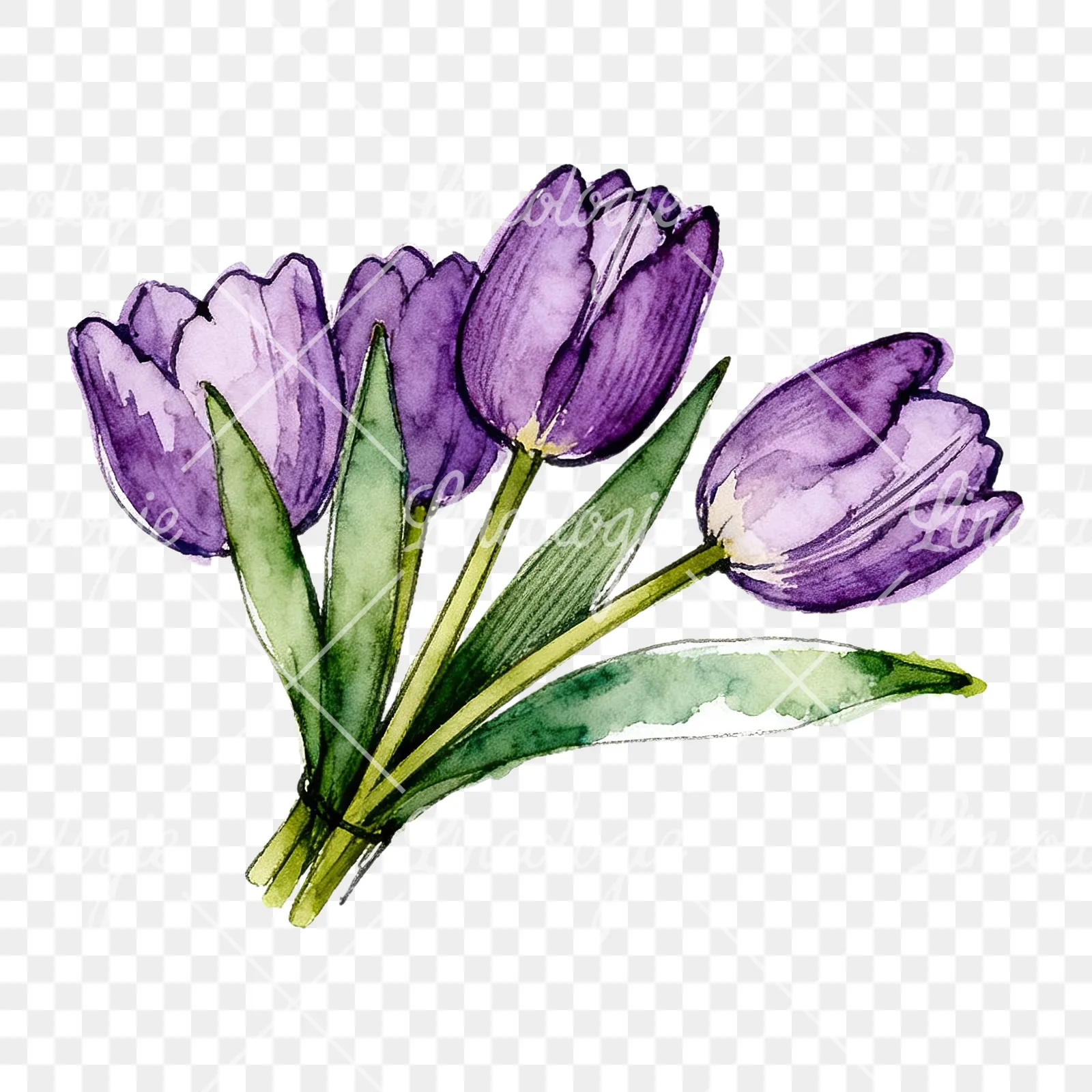 Watercolor loose purple tulip bouquet clipart 4 of 8 on a transparent background (PNG)