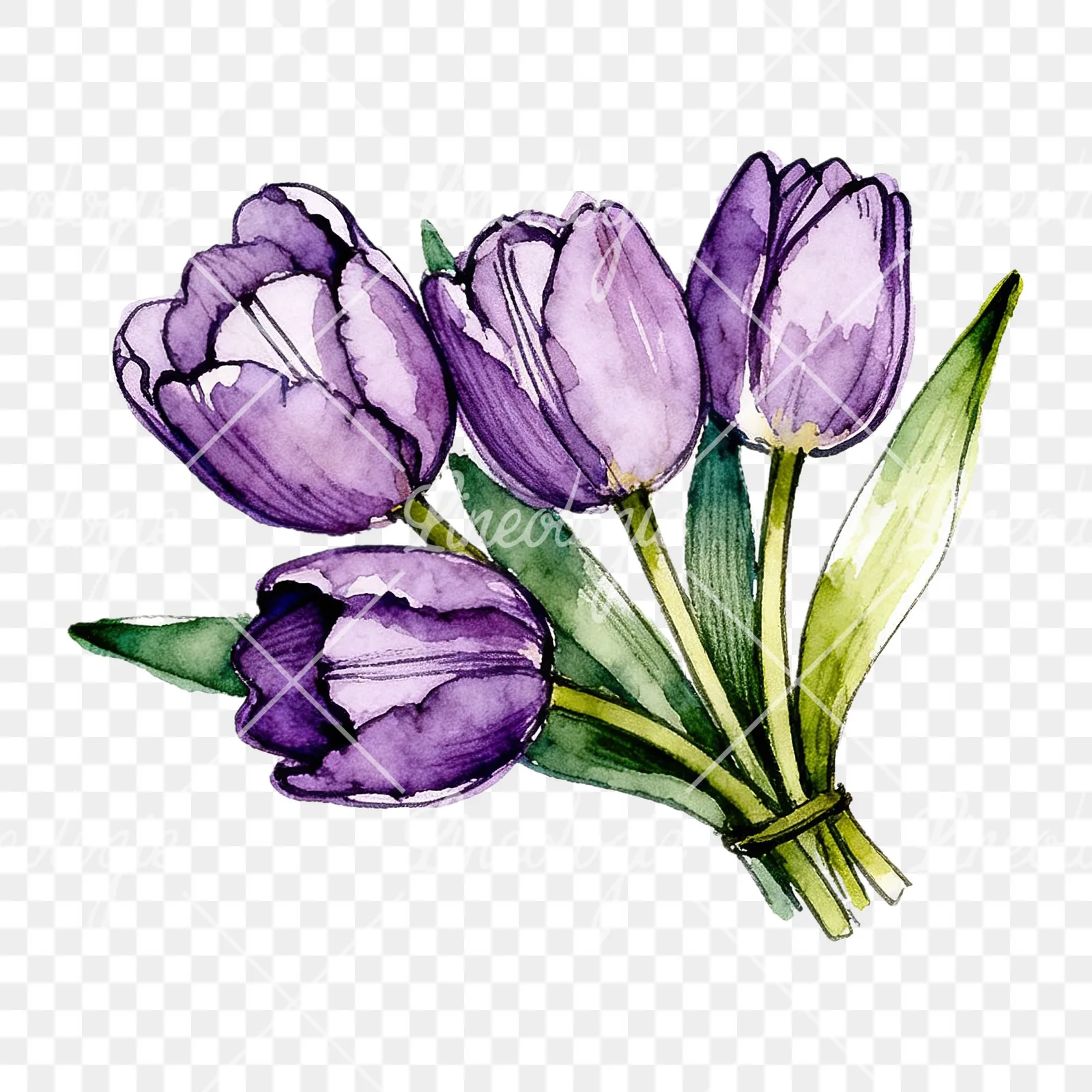 Watercolor loose purple tulip bouquet clipart 6 of 8 on a transparent background (PNG)