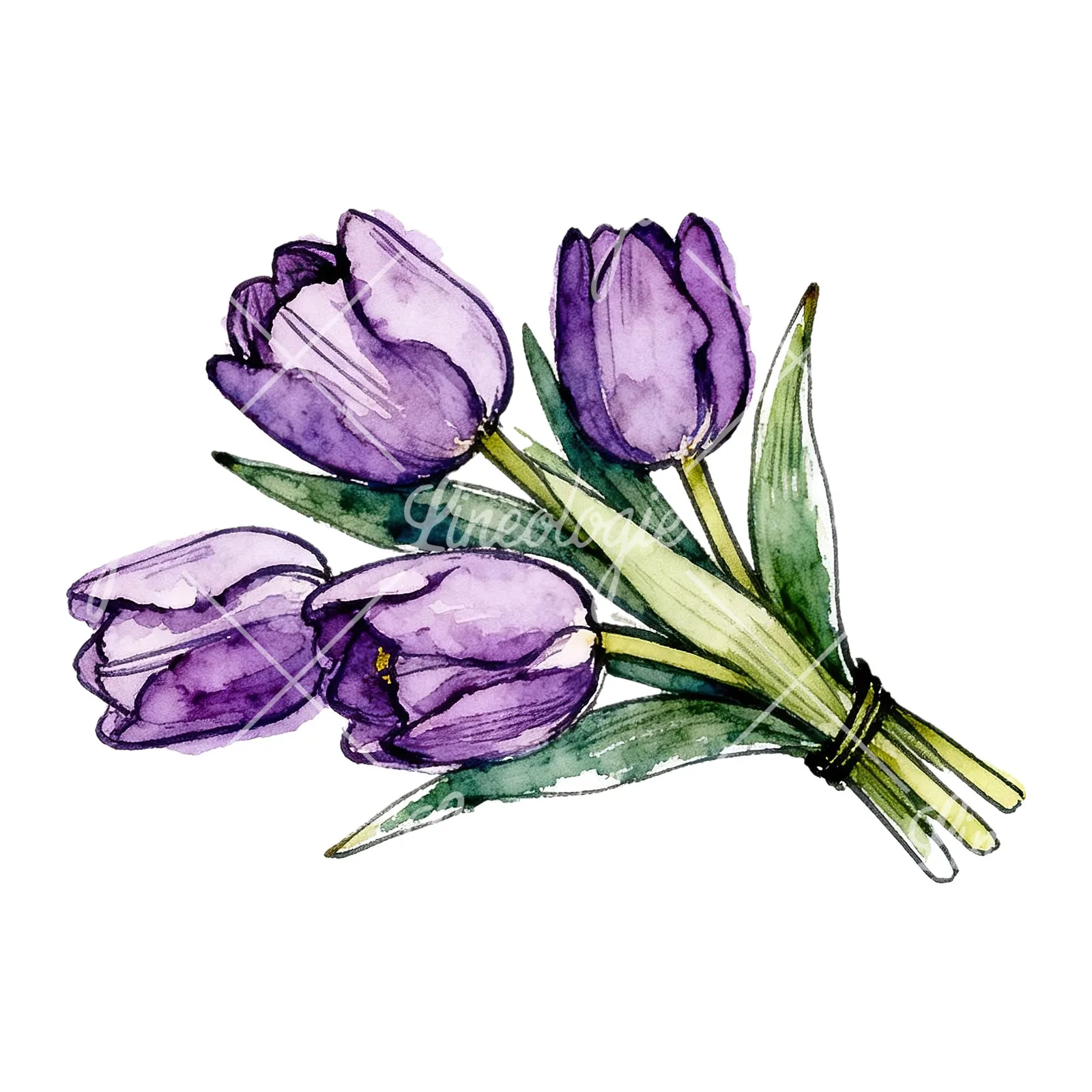 Watercolor loose purple tulip bouquet clipart 7 of 8 on a white background (JPG)
