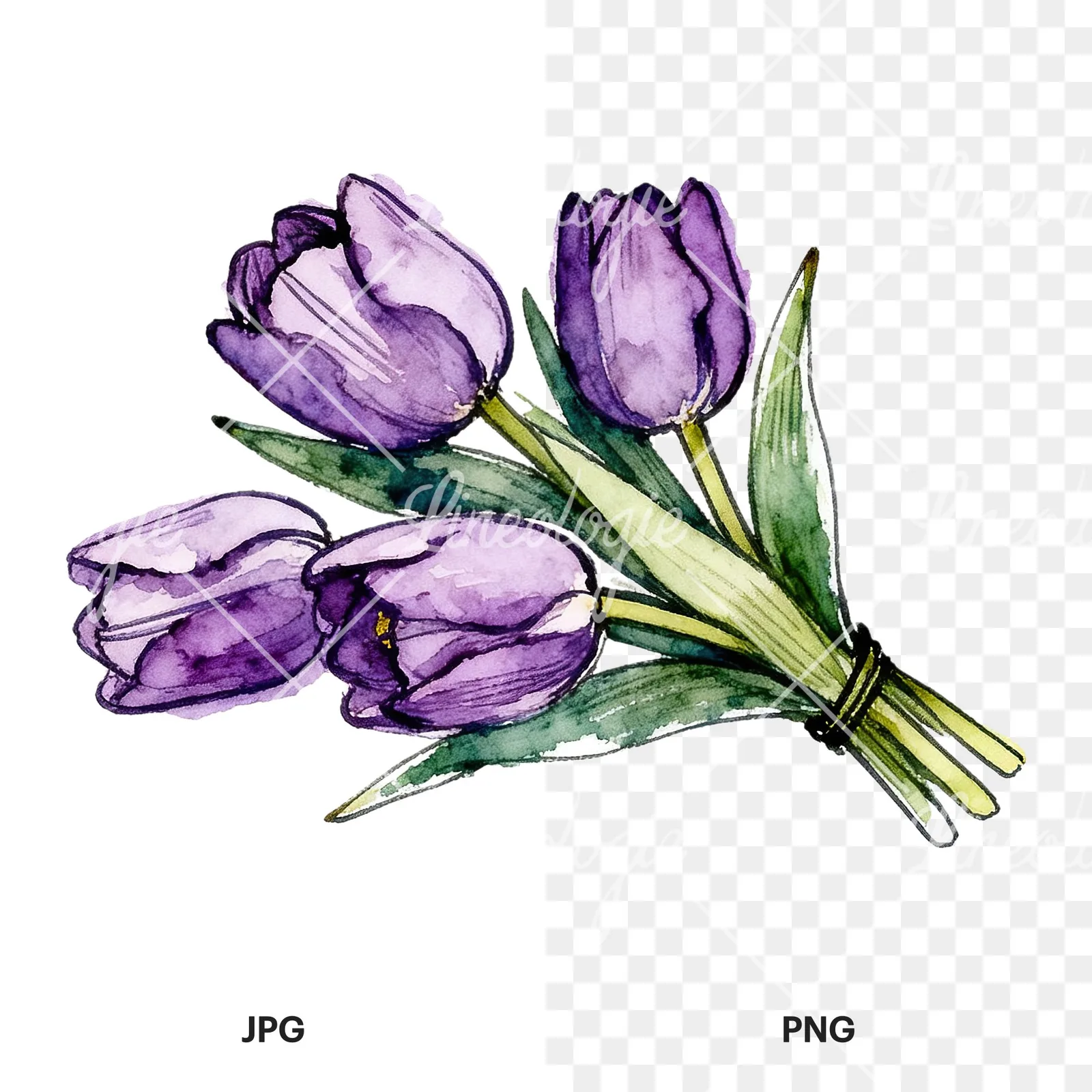Watercolor loose purple tulip bouquet clipart 7 of 8, as a JPG on white and a transparent PNG