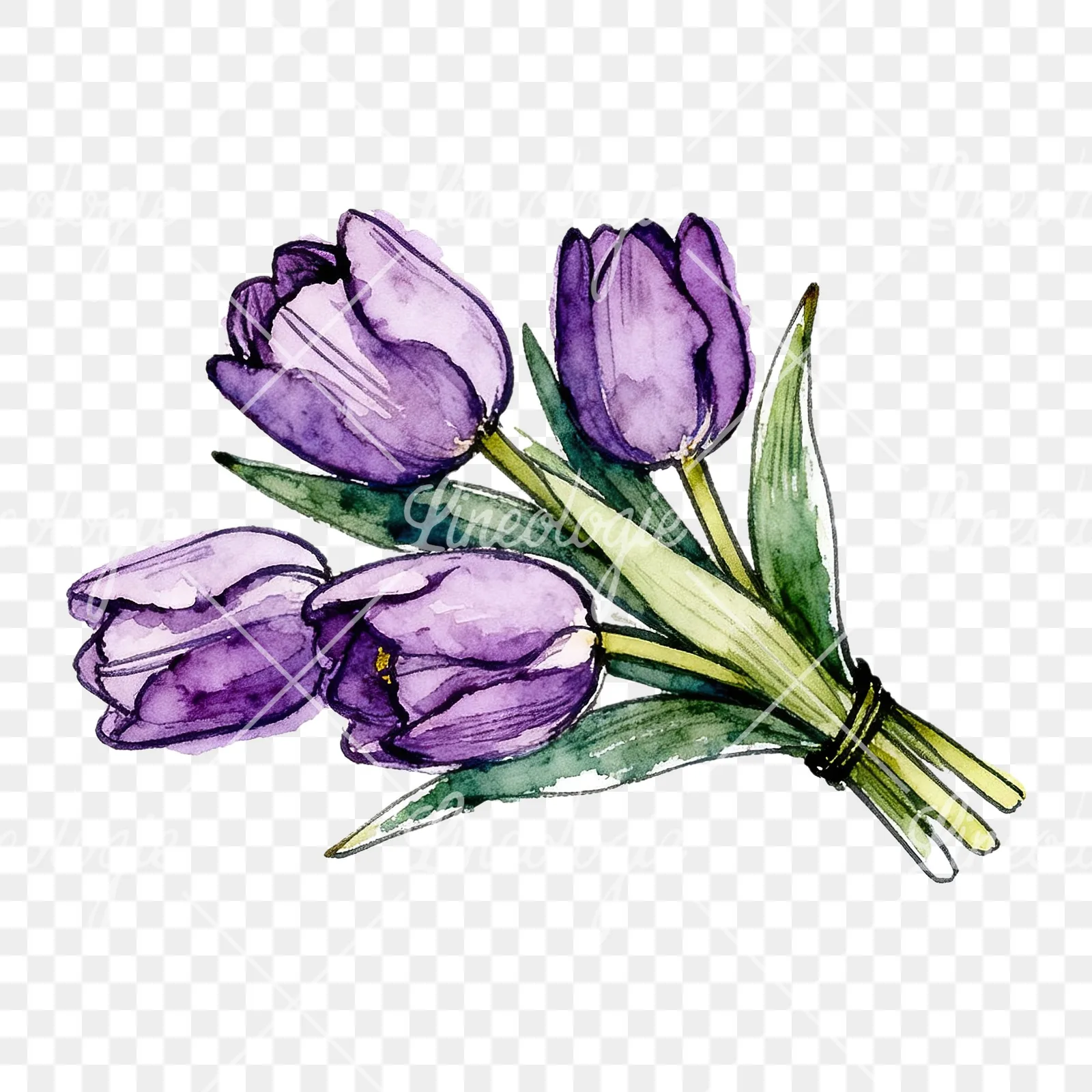 Watercolor loose purple tulip bouquet clipart 7 of 8 on a transparent background (PNG)