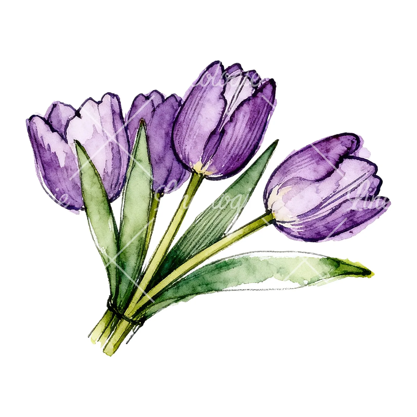 Watercolor loose purple tulip bouquet clipart 8 of 8 on a white background (JPG)