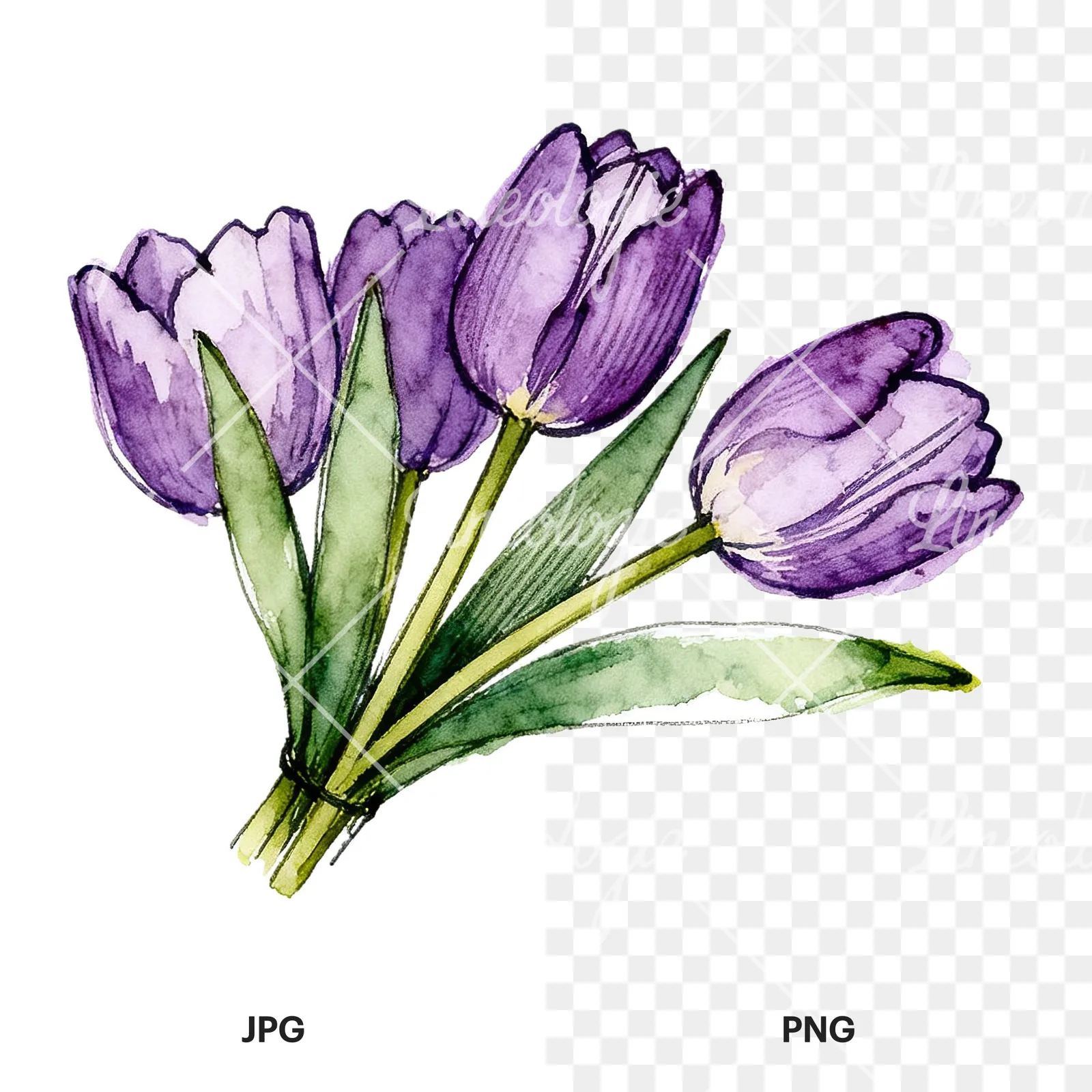 Watercolor loose purple tulip bouquet clipart 8 of 8, as a JPG on white and a transparent PNG