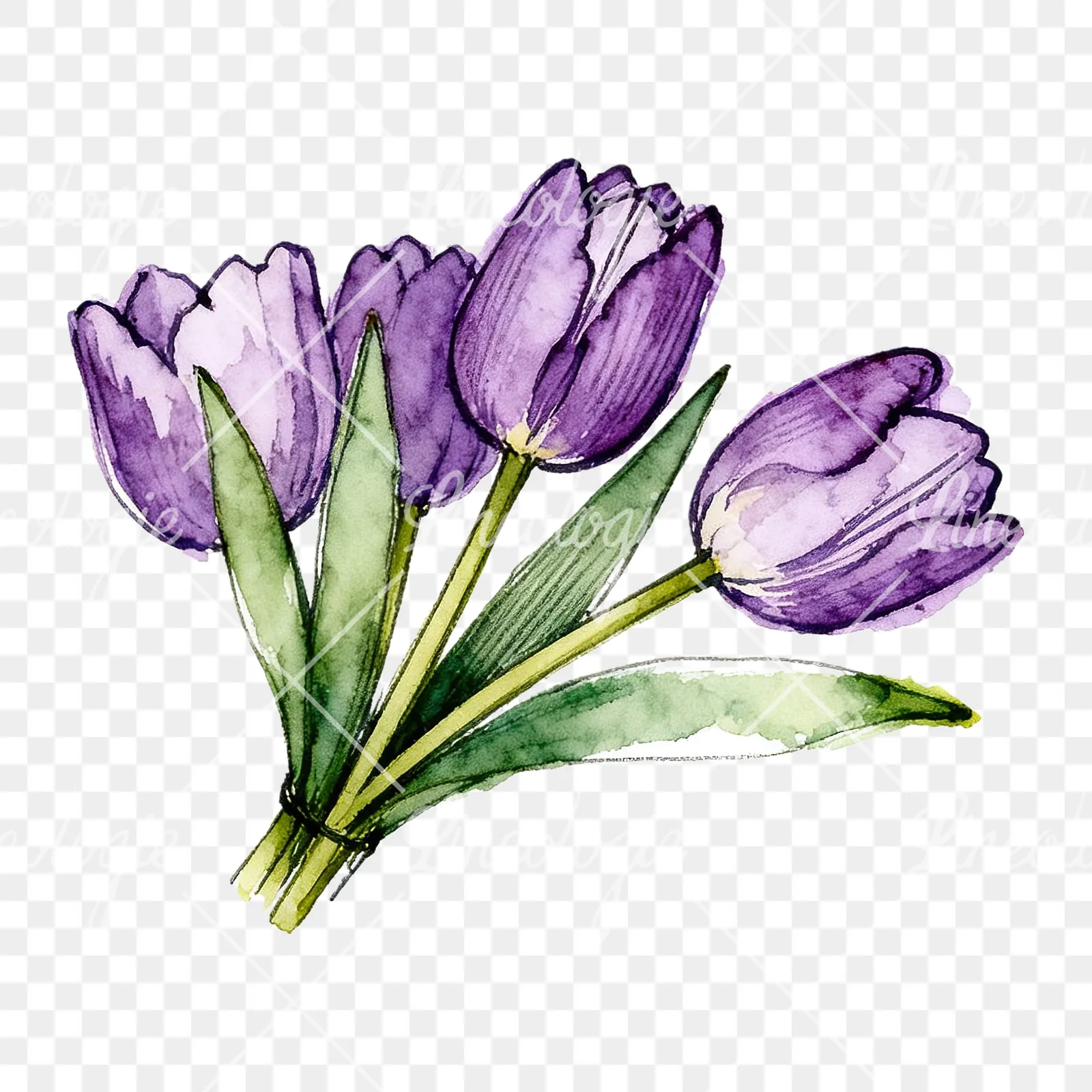 Watercolor loose purple tulip bouquet clipart 8 of 8 on a transparent background (PNG)