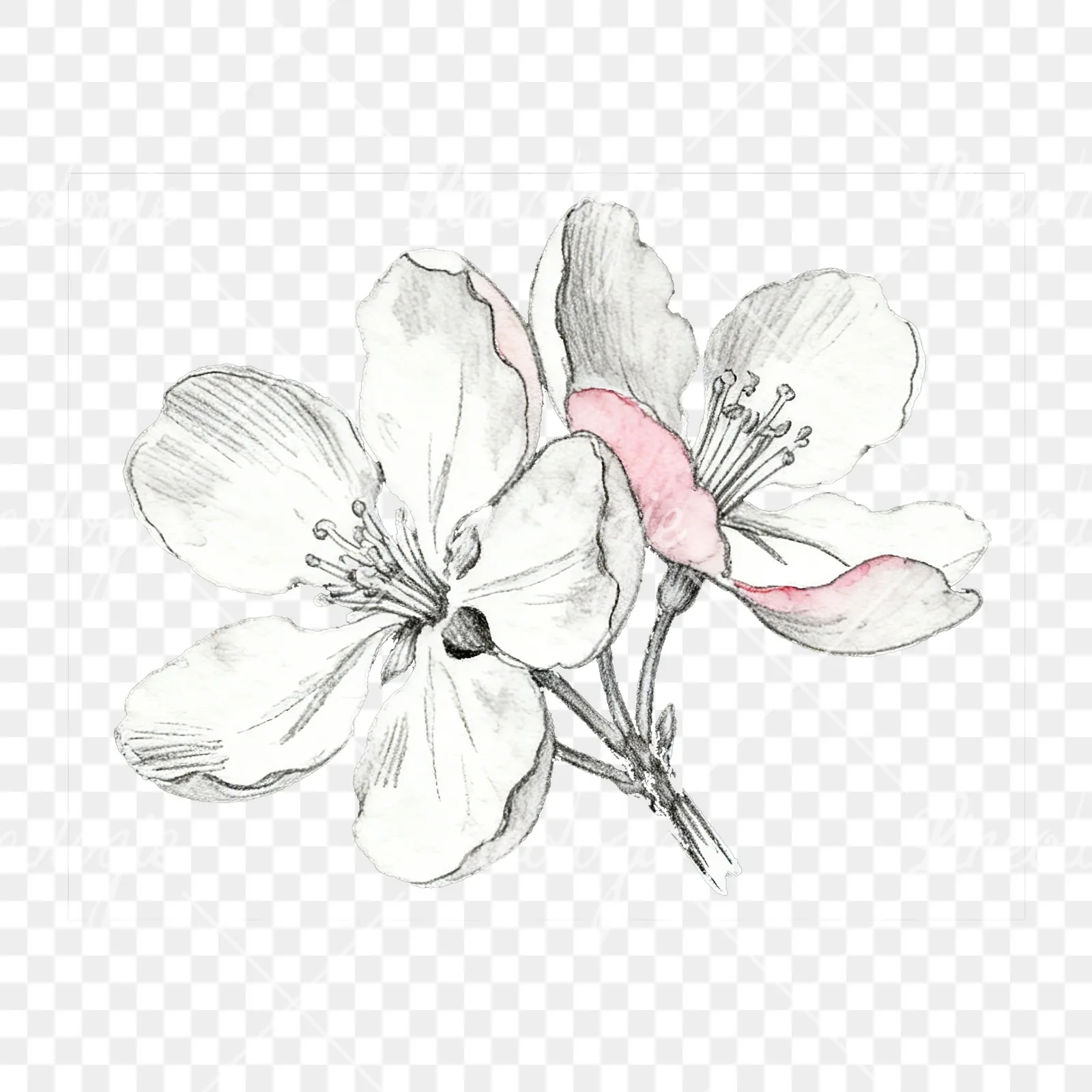 Watercolor pink and white apple blossom clipart 1 of 8 on a transparent background (PNG)