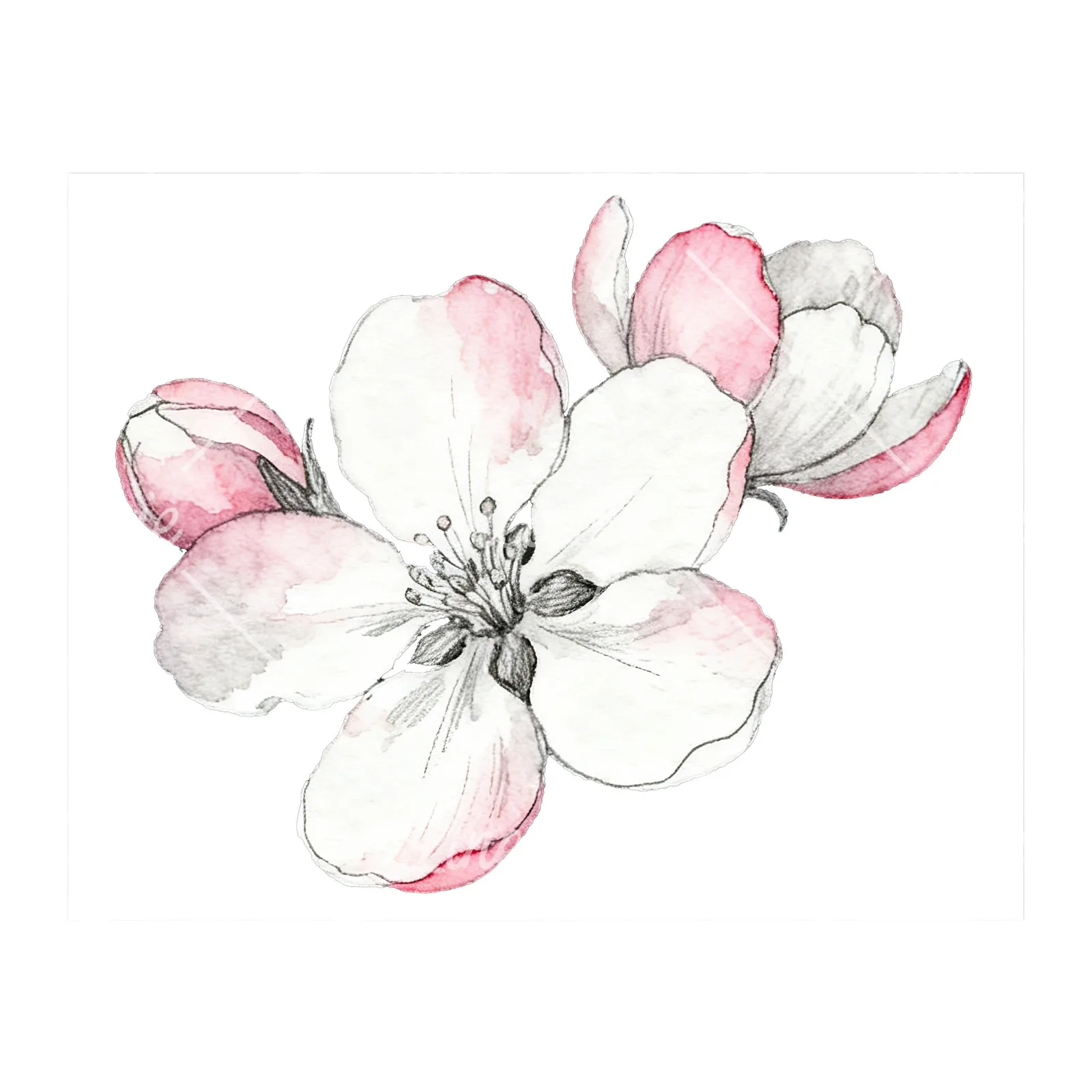 Watercolor pink and white apple blossom clipart 2 of 8 on a white background (JPG)