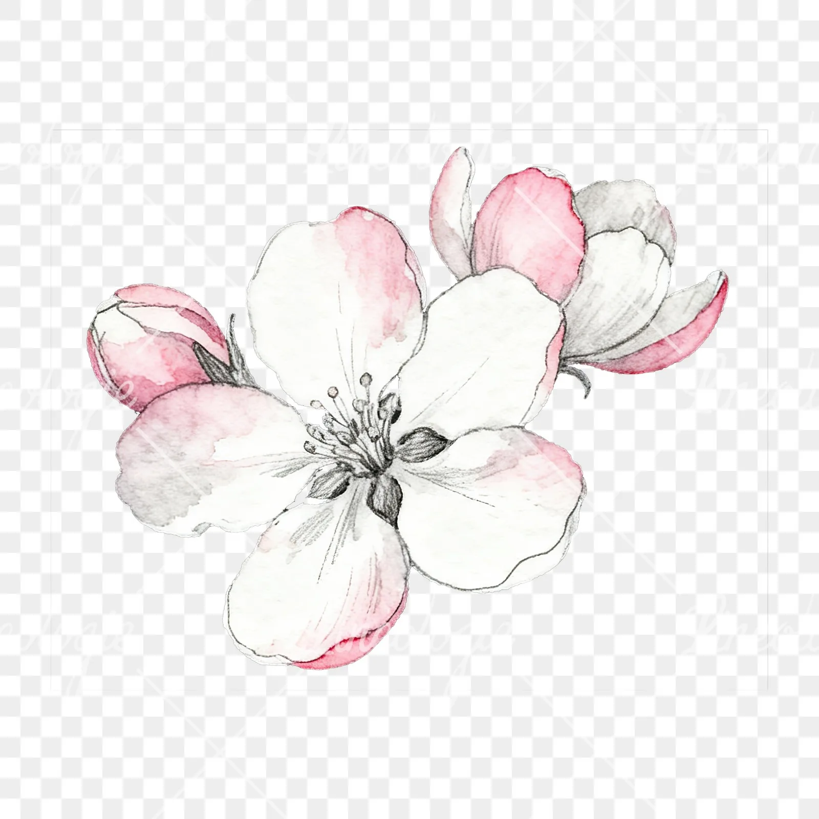 Watercolor pink and white apple blossom clipart 2 of 8 on a transparent background (PNG)