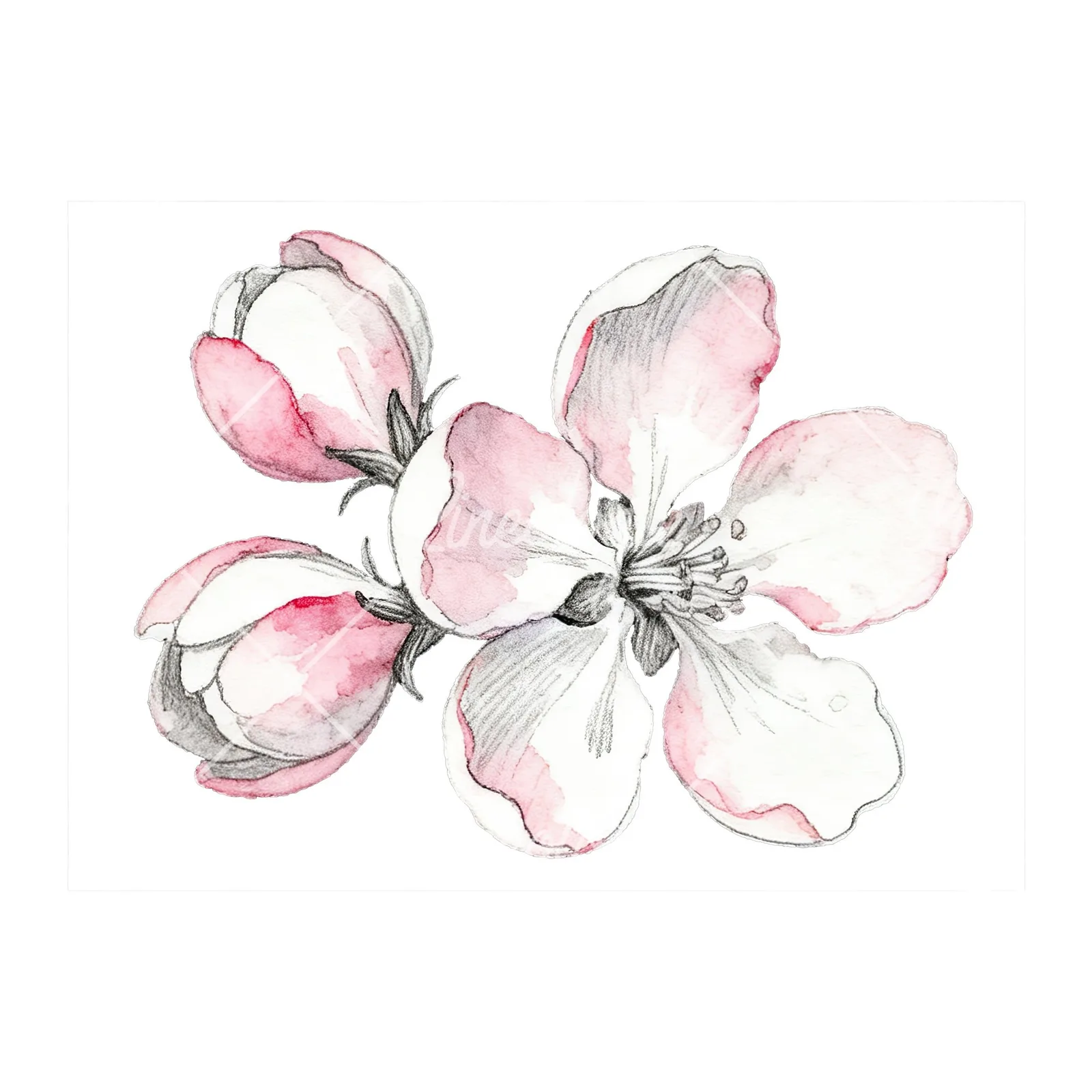 Watercolor pink and white apple blossom clipart 3 of 8 on a white background (JPG)