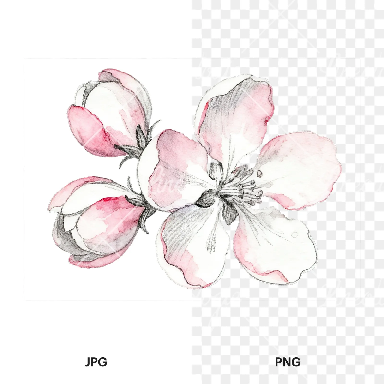 Watercolor pink and white apple blossom clipart 3 of 8, as a JPG on white and a transparent PNG
