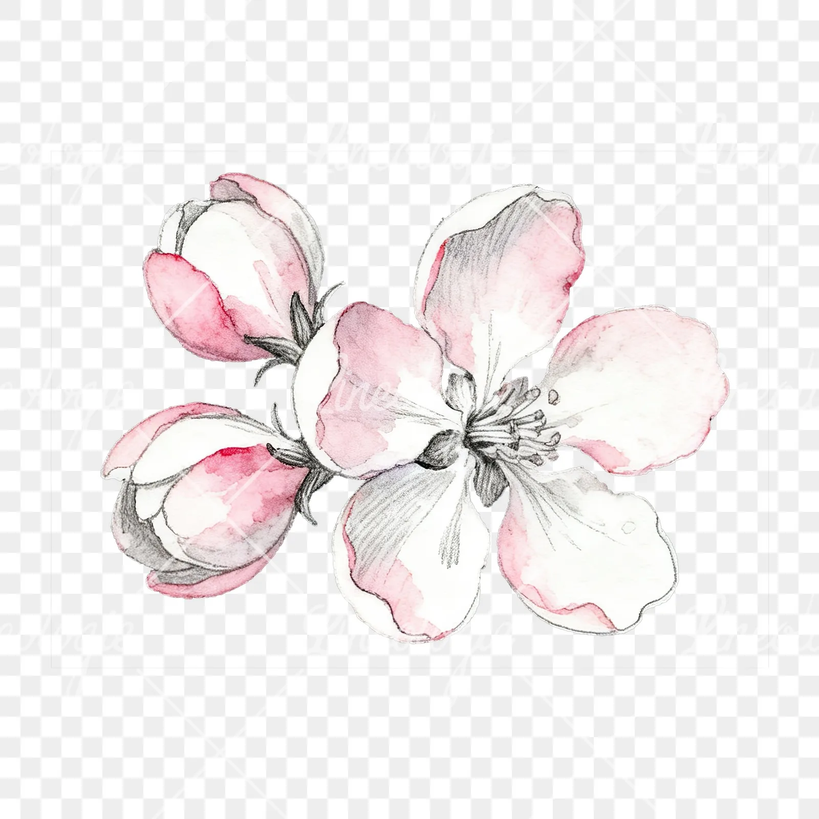 Watercolor pink and white apple blossom clipart 3 of 8 on a transparent background (PNG)