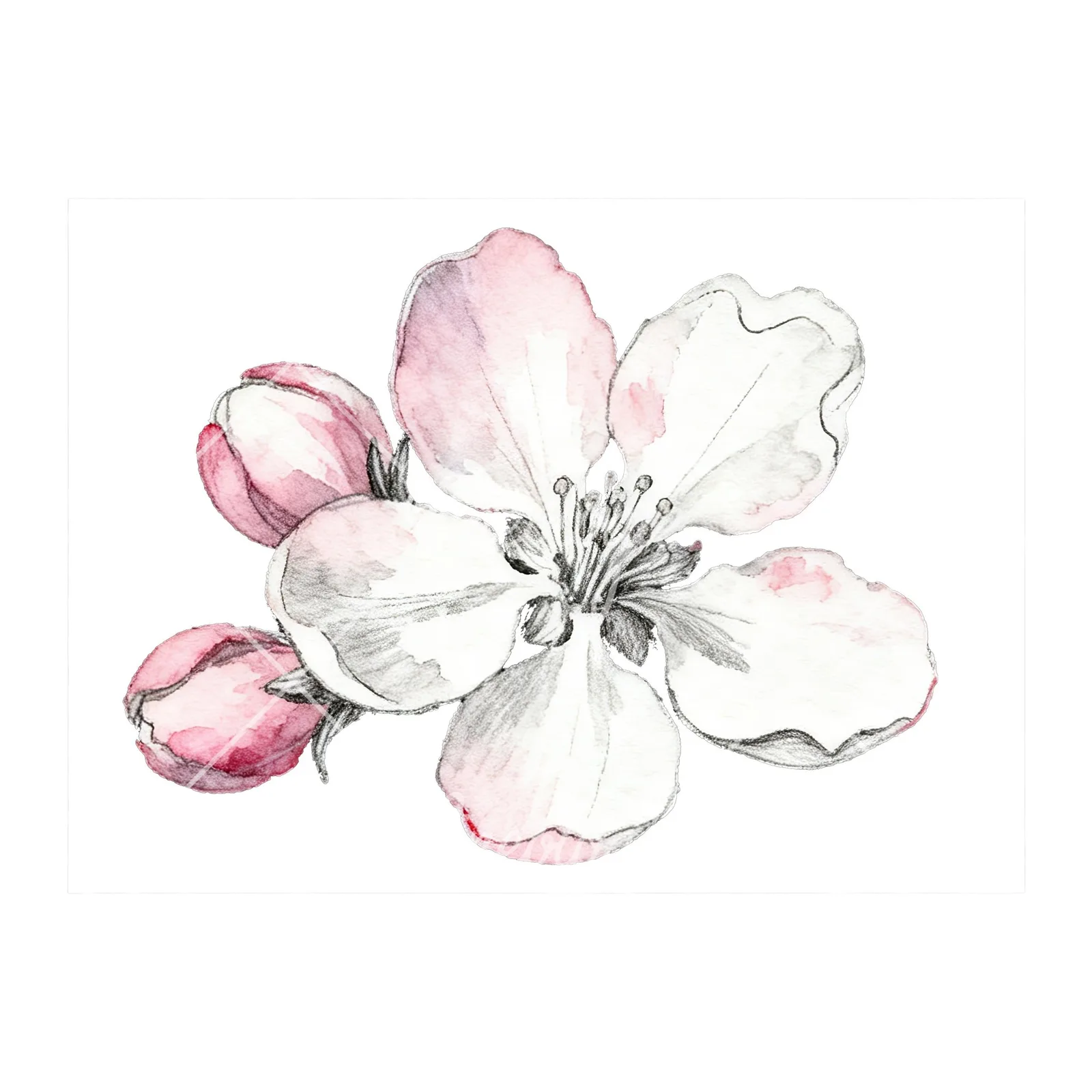 Watercolor pink and white apple blossom clipart 5 of 8 on a white background (JPG)