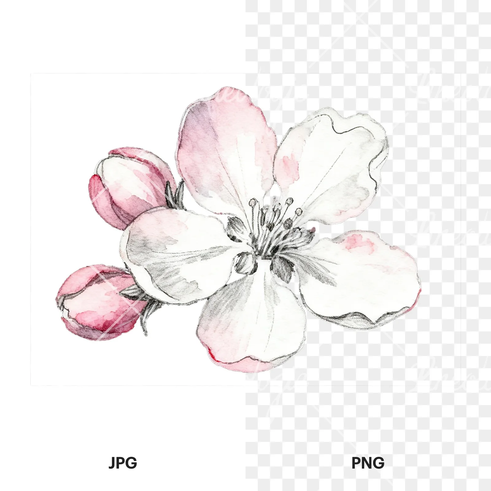 Watercolor pink and white apple blossom clipart 5 of 8, as a JPG on white and a transparent PNG