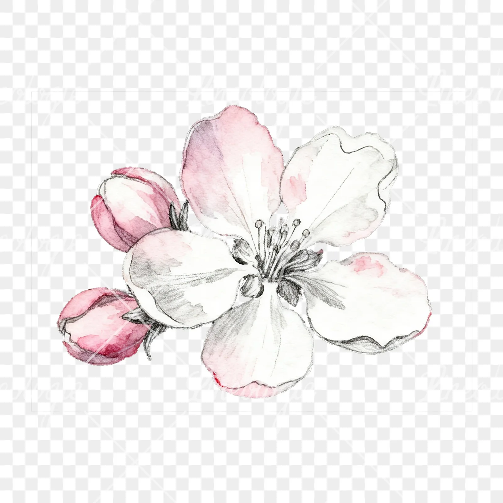 Watercolor pink and white apple blossom clipart 5 of 8 on a transparent background (PNG)