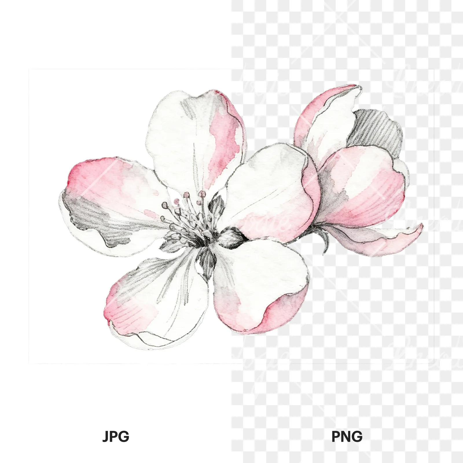 Watercolor pink and white apple blossom clipart 6 of 8, as a JPG on white and a transparent PNG