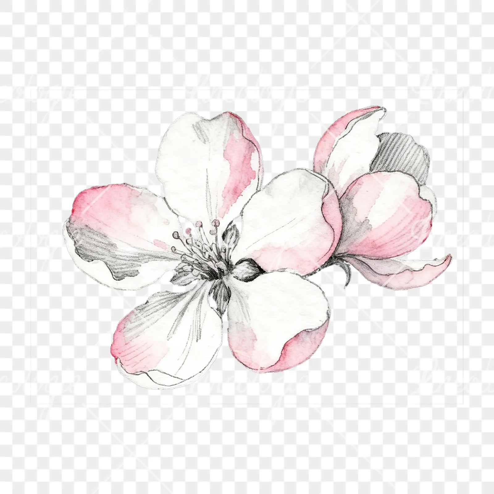 Watercolor pink and white apple blossom clipart 6 of 8 on a transparent background (PNG)