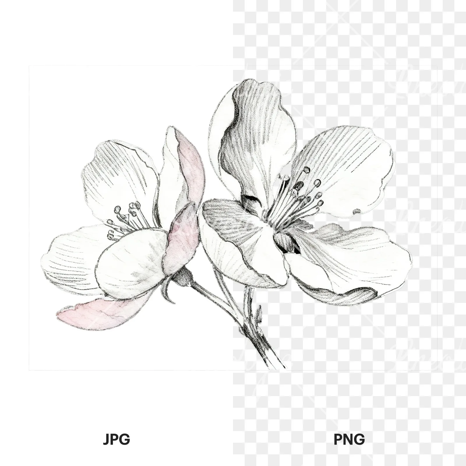 Watercolor pink and white apple blossom clipart 7 of 8, as a JPG on white and a transparent PNG