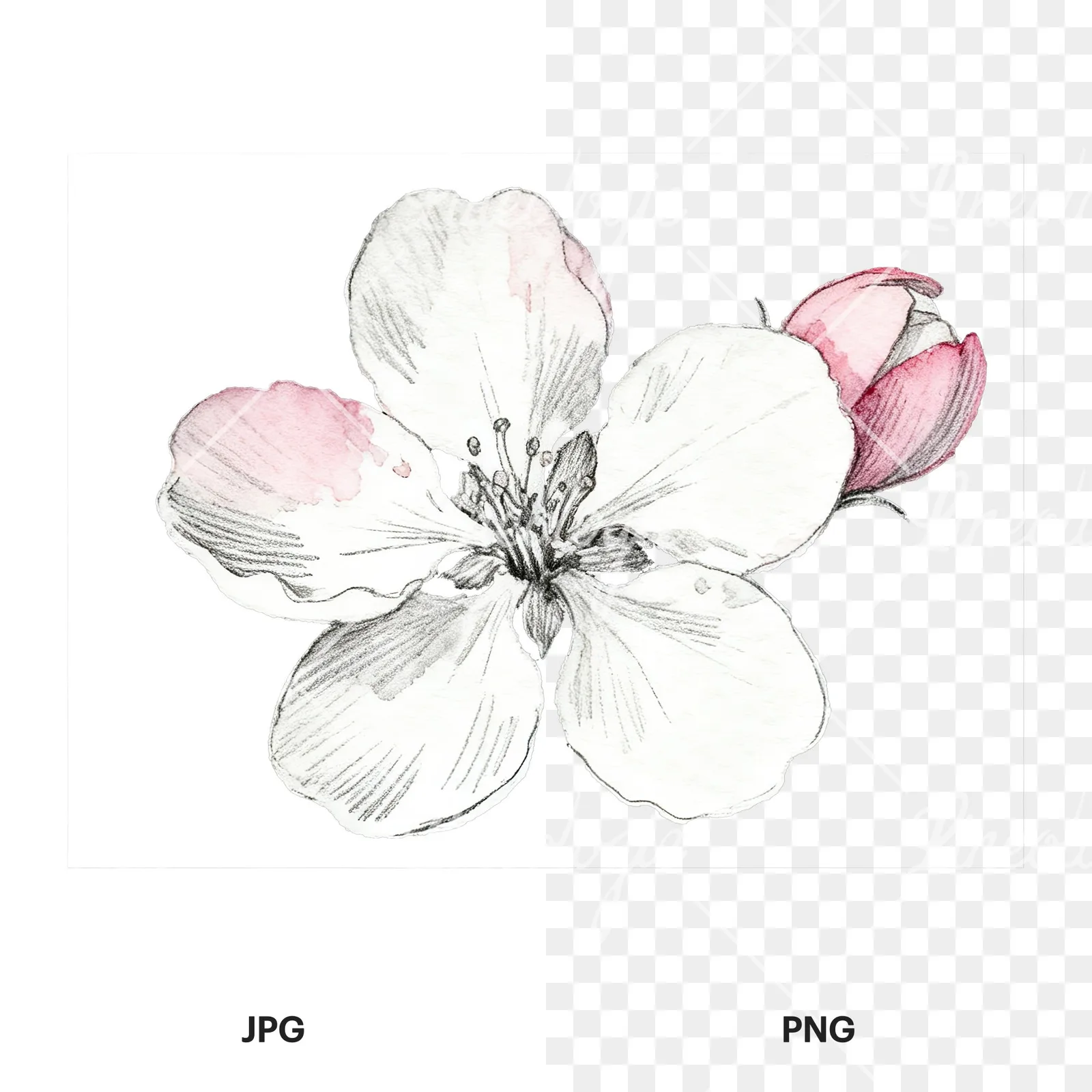 Watercolor pink and white apple blossom clipart 8 of 8, as a JPG on white and a transparent PNG